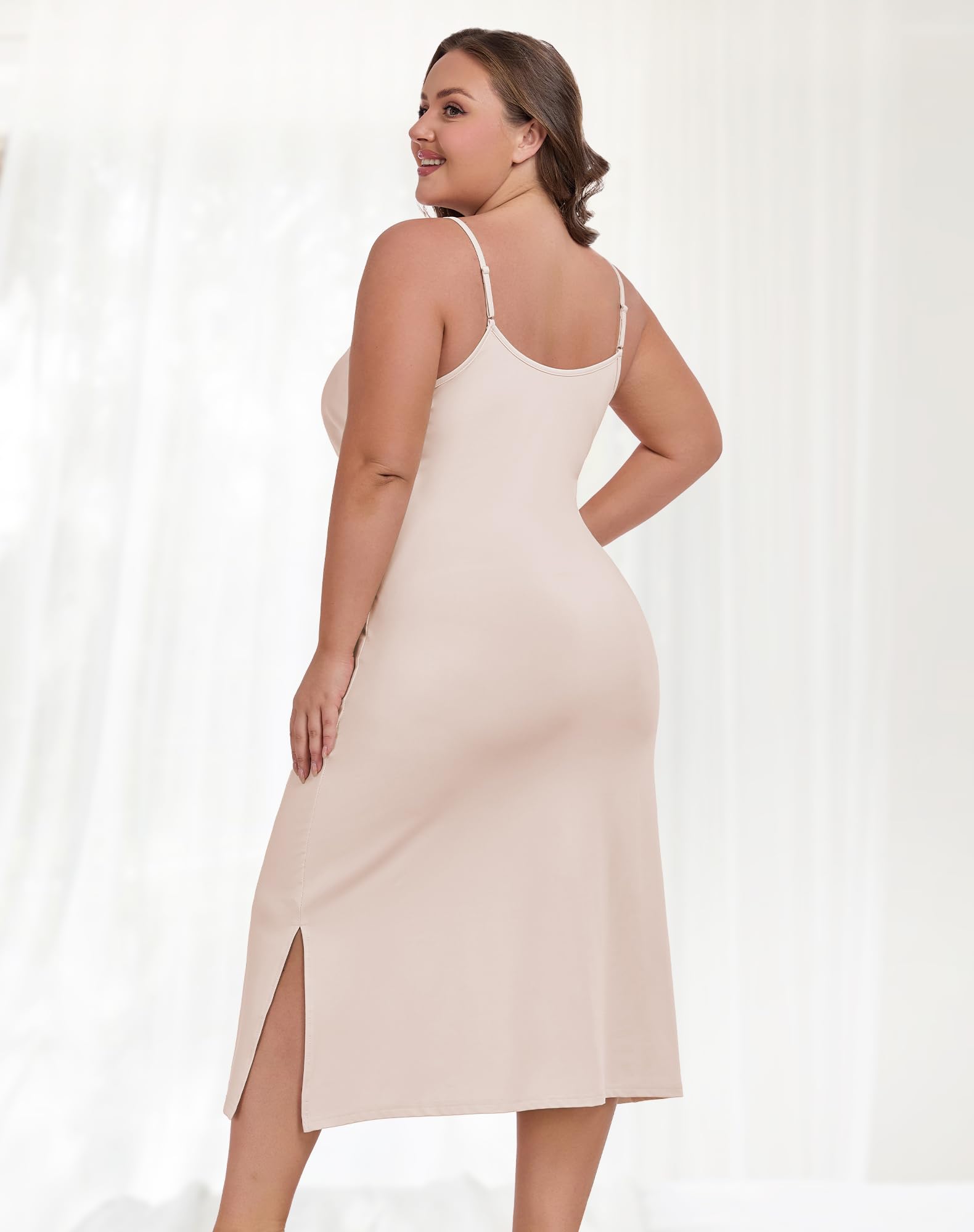 Unterkleid für Damen, Übergröße, verstellbarer Spaghettiträger, V-Ausschnitt, langer Slip, Cami-Nachthemd