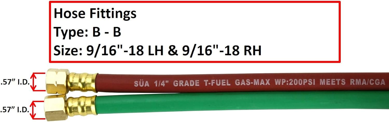 SÜA® - 15 FEET Grade ''T'' - 1/4'' OxyFuel Welding & Cutting Twin Hose with BB Fittings