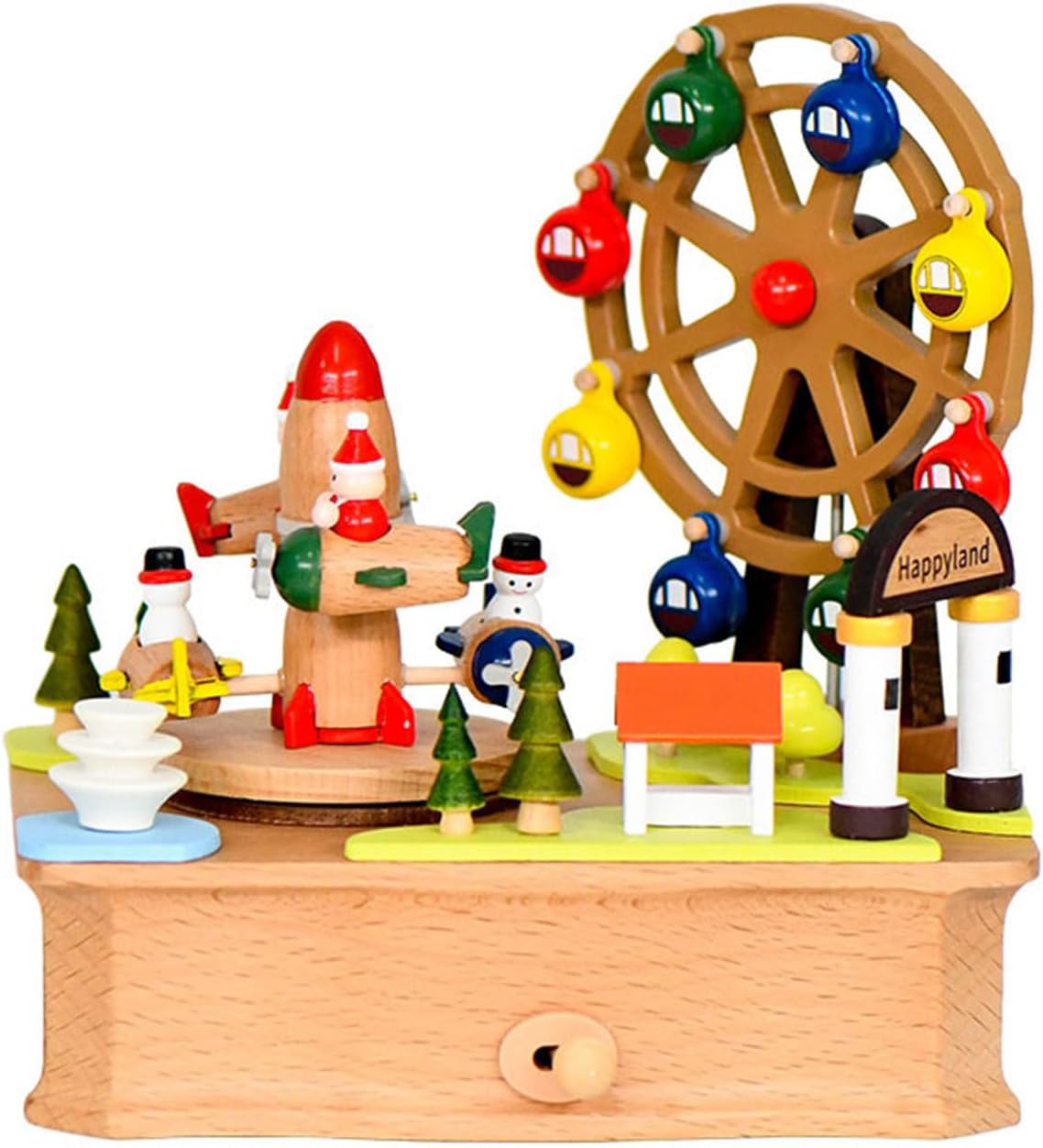 PANGBOER 回転飛行機と車輪オルゴール木製装飾 ホームオフィスクリスマス用機械式オーナメント メロディー付き