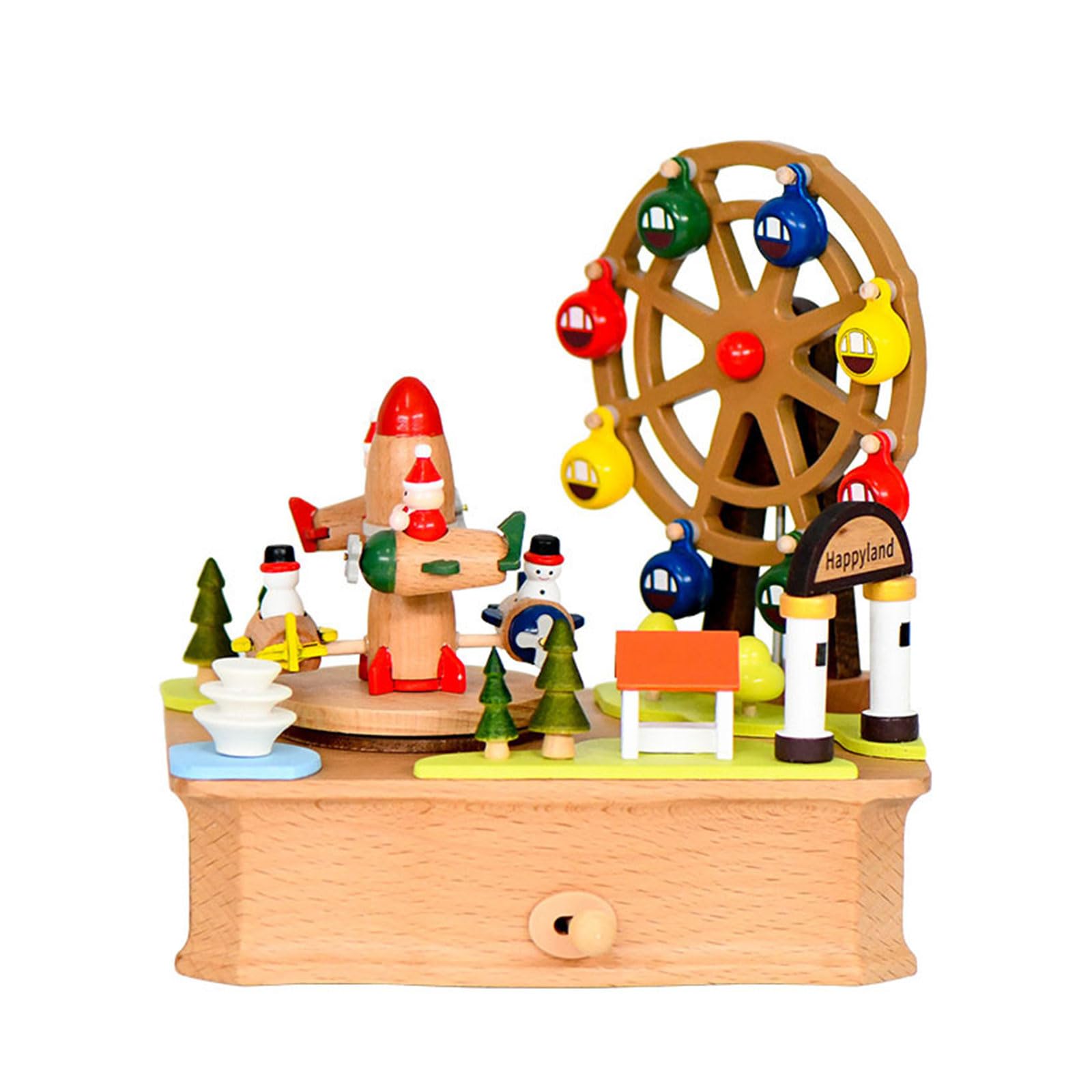 Tsophreniq Rotating Airplanes and Wheel Wooden Music Box Christmas Melodies Ornament Desktop Art Piece Giving Wooden Rotating Wheel Ornament