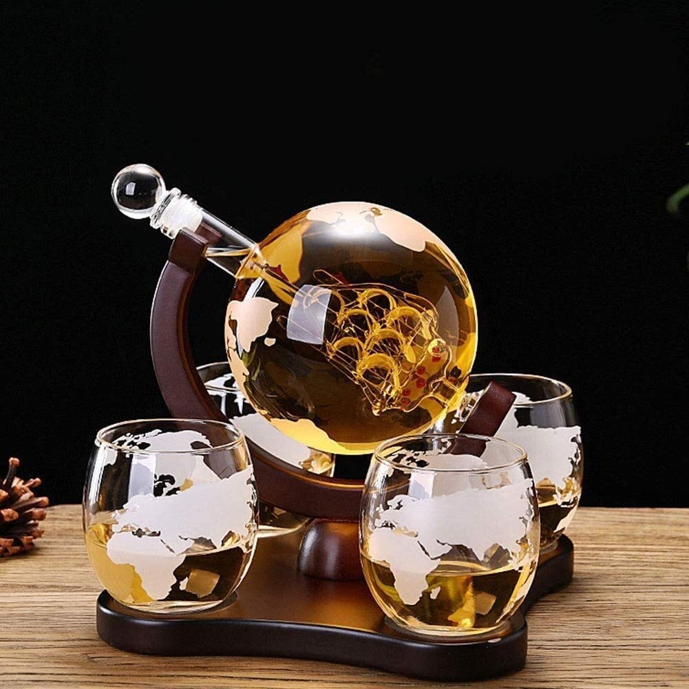Stojak na butelki Stojak na wino Uchwyt na kieliszki do wina Karafka Globe Zestaw upominkowy 5 sztuk Szklanki Kamienie whisky Szklany korek Zestaw upominkowy z karafką z 4 szklanymi kubkami Globe Cr