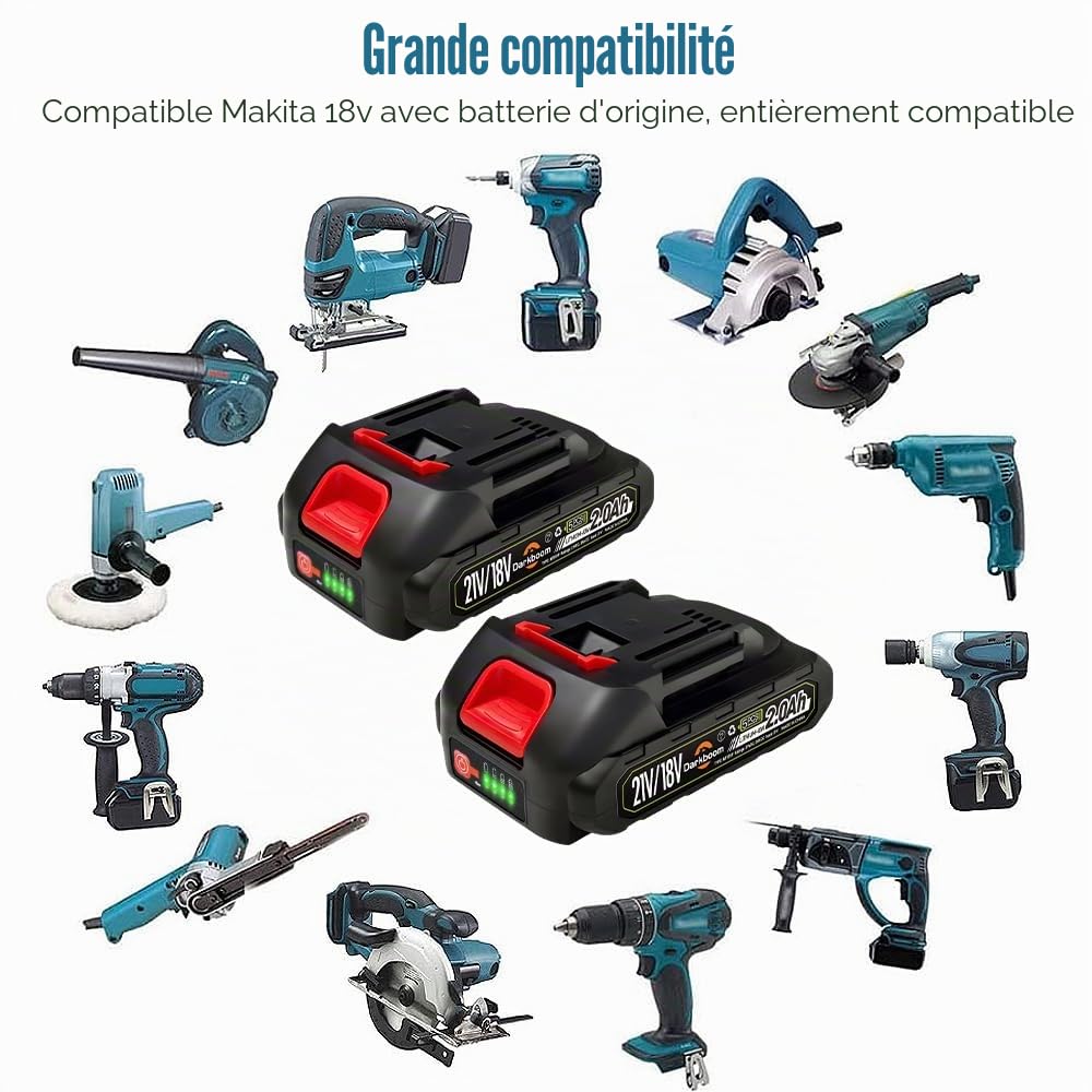 Lot de 2 batteries 21 V 2,0 Ah pour outil électrique, indicateur de charge, batteries pour taille-haie, tondeuse à gazon, souffleur, débroussailleuse, aspirateur, nettoyeur haute pression