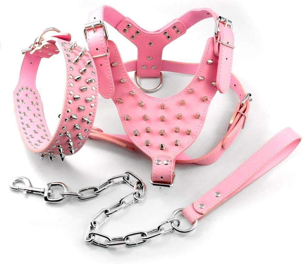 Leather Dog Harness Spiked Studded Dog Pet Collar Harness and Chain Leash Set for Medium Large XLarge Breeds Pitbull Mastiff Gold Spikes XL