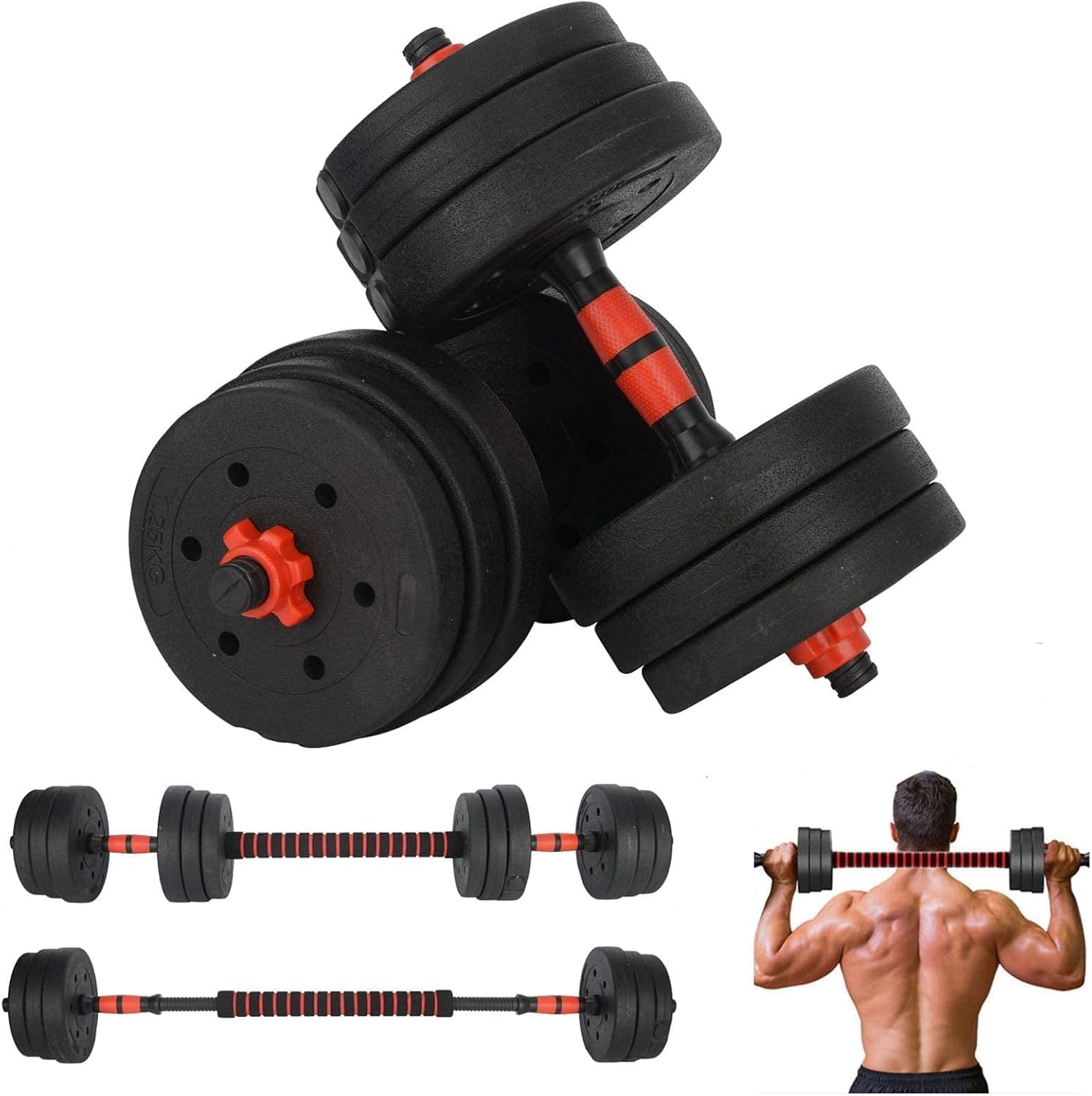 Verstellbares Hantelset 15kg / 20kg / 30kg – 2-in-1 Kurzhantel & Langhantel Set mit Verbindungsstange, Gewichtsscheiben & Anti-Rutsch Griffen, Dumbbell Set