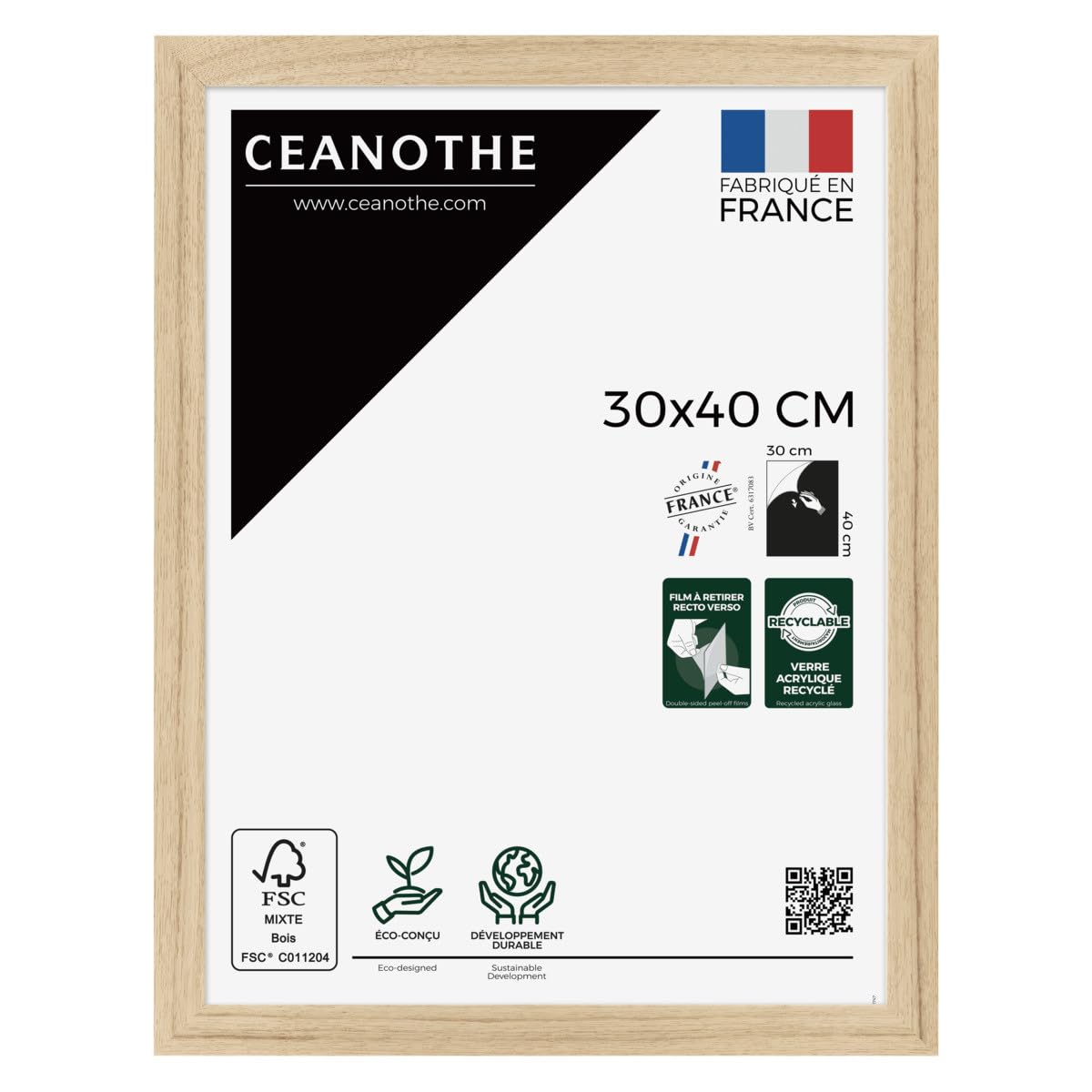 Ceanothe Cadre Photo Bois de Chêne 30x40 cm FSC Format Affiche et A4 Décoration Murale - TARA Verre acrylique Incassable Fabriqué en France