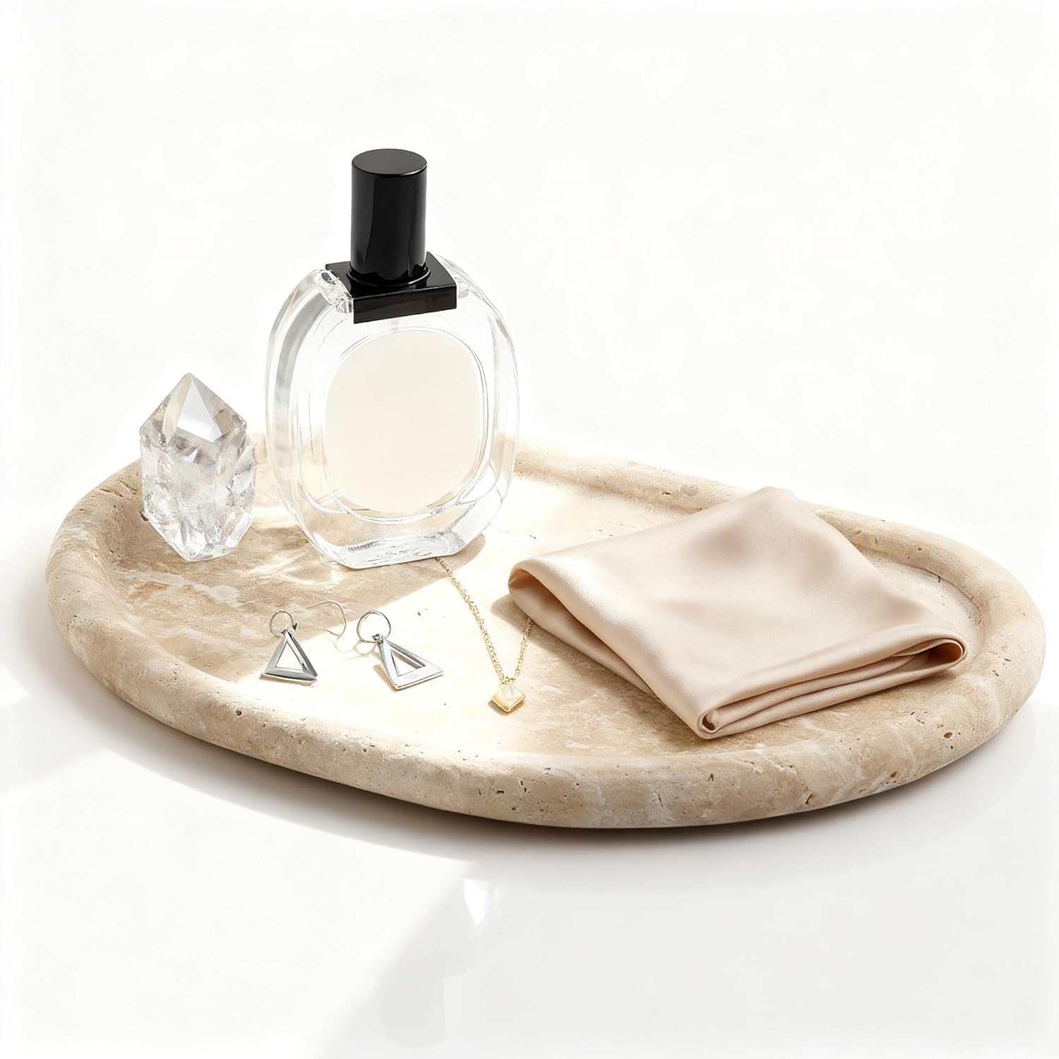 WORHE Natural Travertine Tray, Special-Shaped Jewelry Tray, Marble Ring Dish for BathroomCountertop, Nightstand,Dressing Table, Bedside Table, Home Decor, Beige(Middle) S025