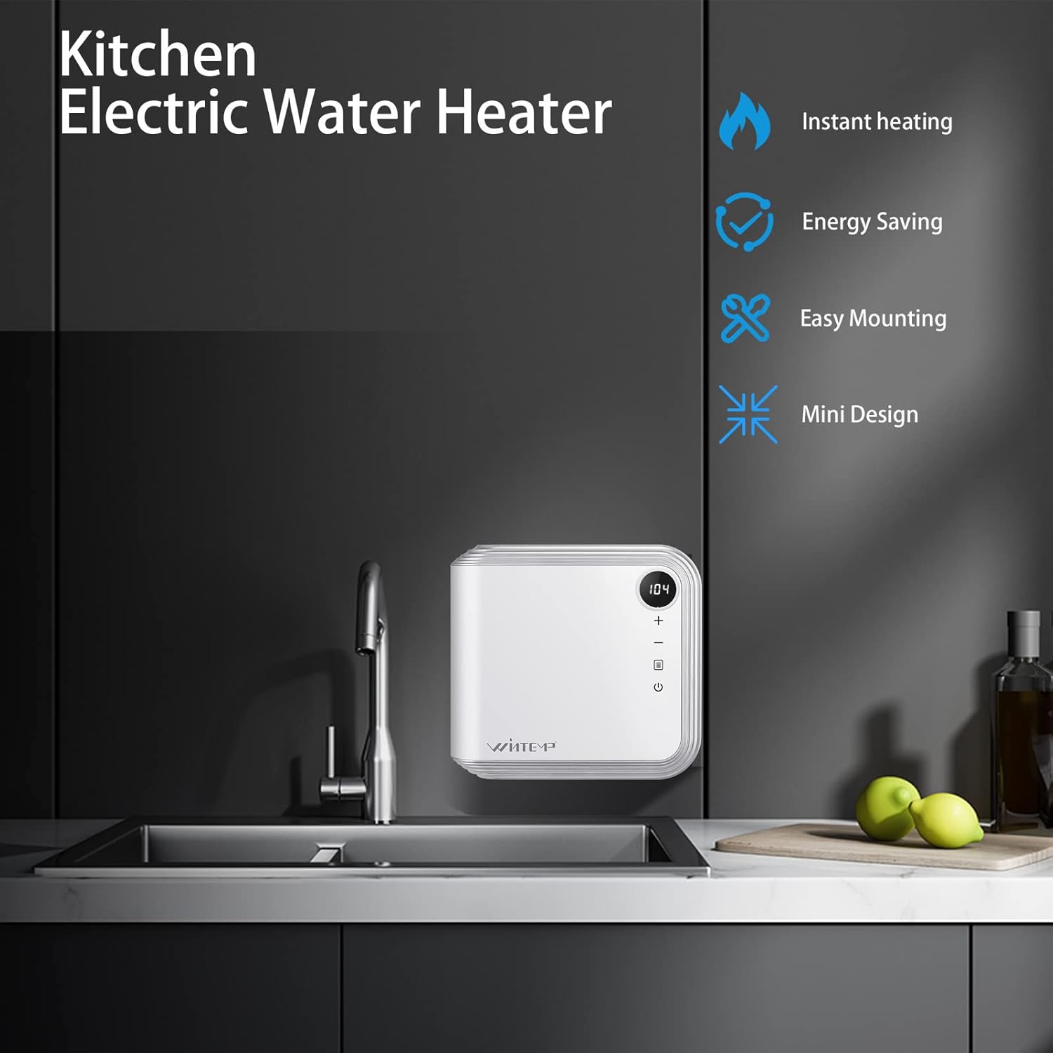 WINTEMP Tankless Electric Water Heater in a kitchen setting, highlighting instant heating, energy saving, easy mounting, and mini design.