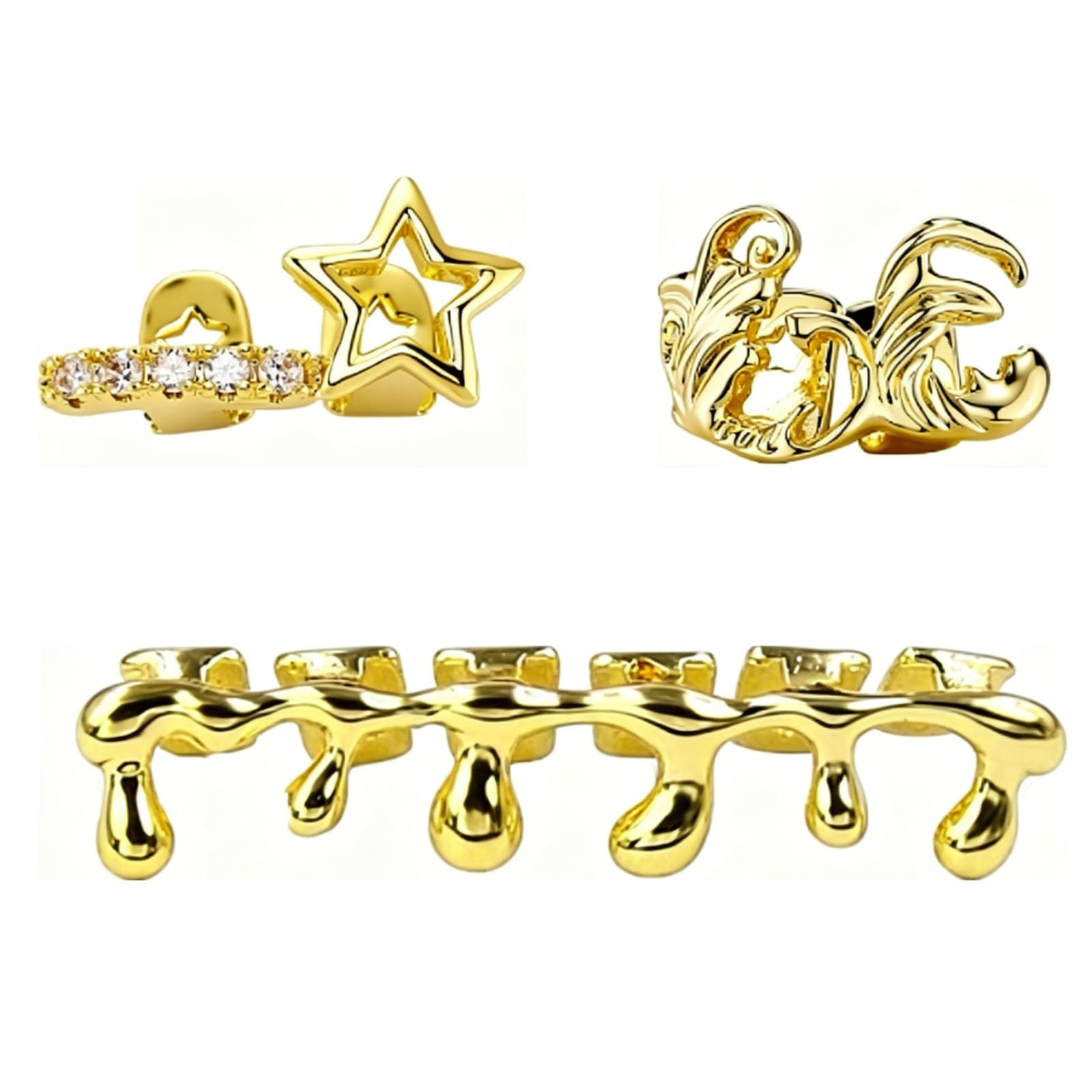 yufana 3 Pack Gold Grillz for Men Women, 18K Gold Plated Hip Hop Teeth Grillz with Star Flame & Drip Design, Bling Mouth Grills for Halloween Christmas Party Cosplay — image 1