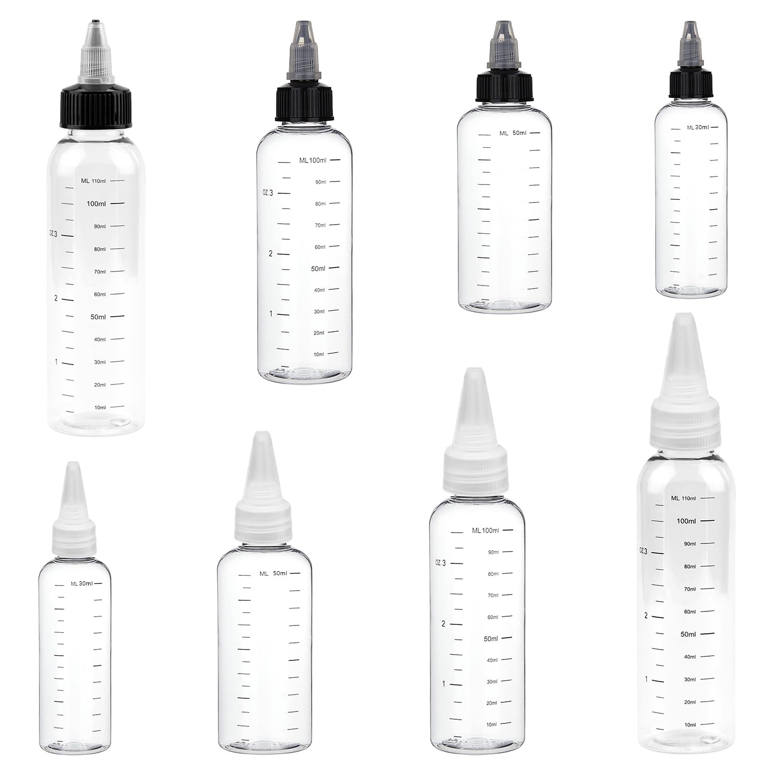 KVBUCC 8-pack 30/60/100/120ml Graduated Bottles With Pointed Mouth, Squeeze Bottle Applicator, With Cap, Transparent Graduated Bottles, Suitable For Hair Dye, Hair Care Oil