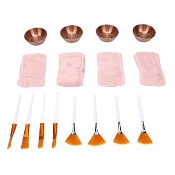 Esthetician Facial Supplies Set with 4 Stainless Steel Bowls Fan Brushes Headbands fit for Spa Salon Home Skincare Rose Gold