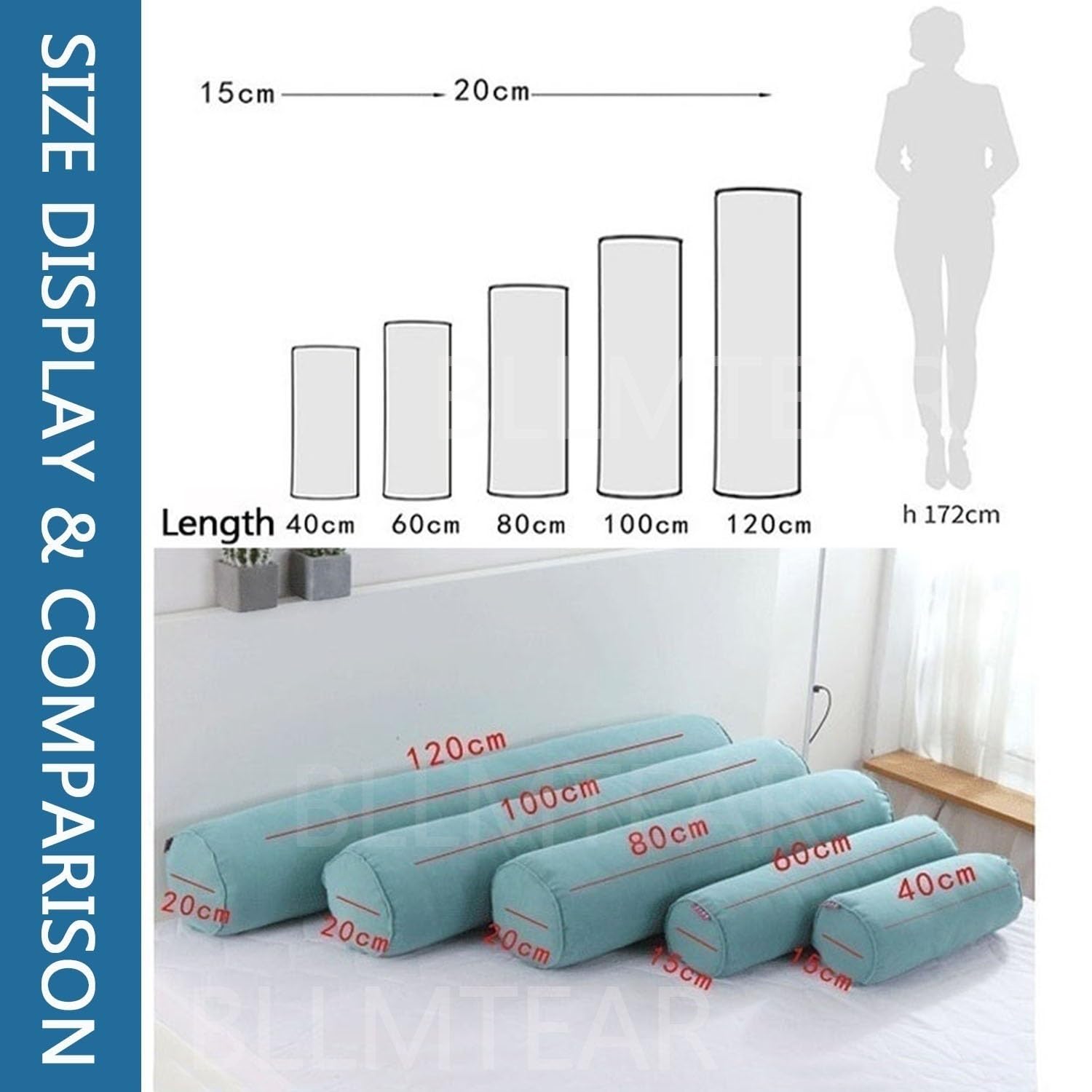 Zylindrisches Nackenrolle 15x40/15x50/20x60 Samt Rohrkissen Bequemes Multifunktional Reisekissen Abnehmbar Kissenrolle Rollenkissen for Nacken, Beine, Rücken, Bett, Yoga(@6,20x120cm/8x47in)