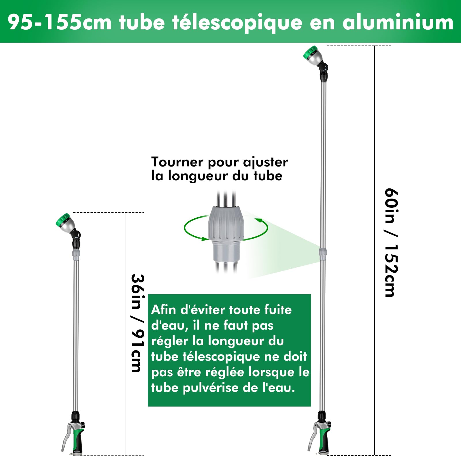 RESTMO Canne d'Arrosage Télescopique 92-152 cm, Longe Pomme Métallique avec Tête Pivotante 180°, 7 Motifs de Pulvérisation, Baguette Magique pour Jardinières Suspendues et Arbustes, Vert