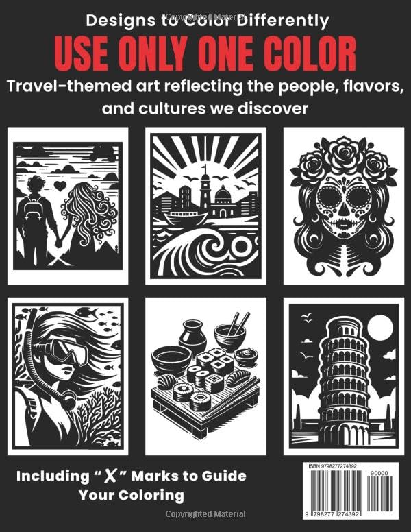 Monochrome Travel Coloring Book: Relaxing Travel-Inspired Illustrations with 40 Designs Using Just One Color for Adults and Teens - Image 2