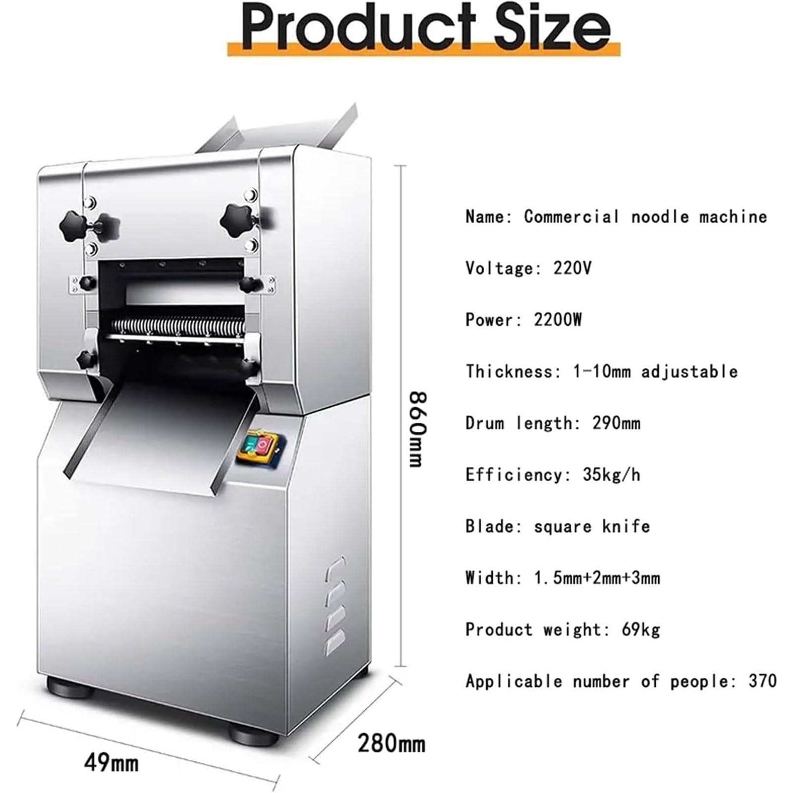 Maszyna Do Robienia Makaronu 2200 W, Przemysłowa Maszyna Do Krojenia Makaronu 35 Kg/H Ze Stali Nierdzewnej Z 3 Kwadratowymi Ostrzami, Ciasto O Grubości 1-10 Mm I Makaron O Szerokości 1,5 Mm/2 Mm/3 Mm
