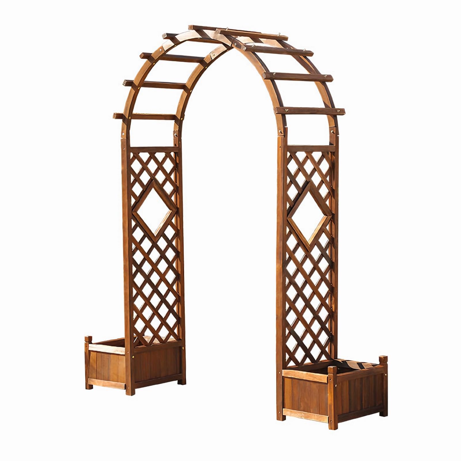 Zewnętrzny drewniany łuk ogrodowy pergola z doniczkami, 210 cm, kratka do pnących winorośli, dekoracyjny łuk różany z bocznymi skrzynkami na kwiaty dla lepszej estetyki ogrodu