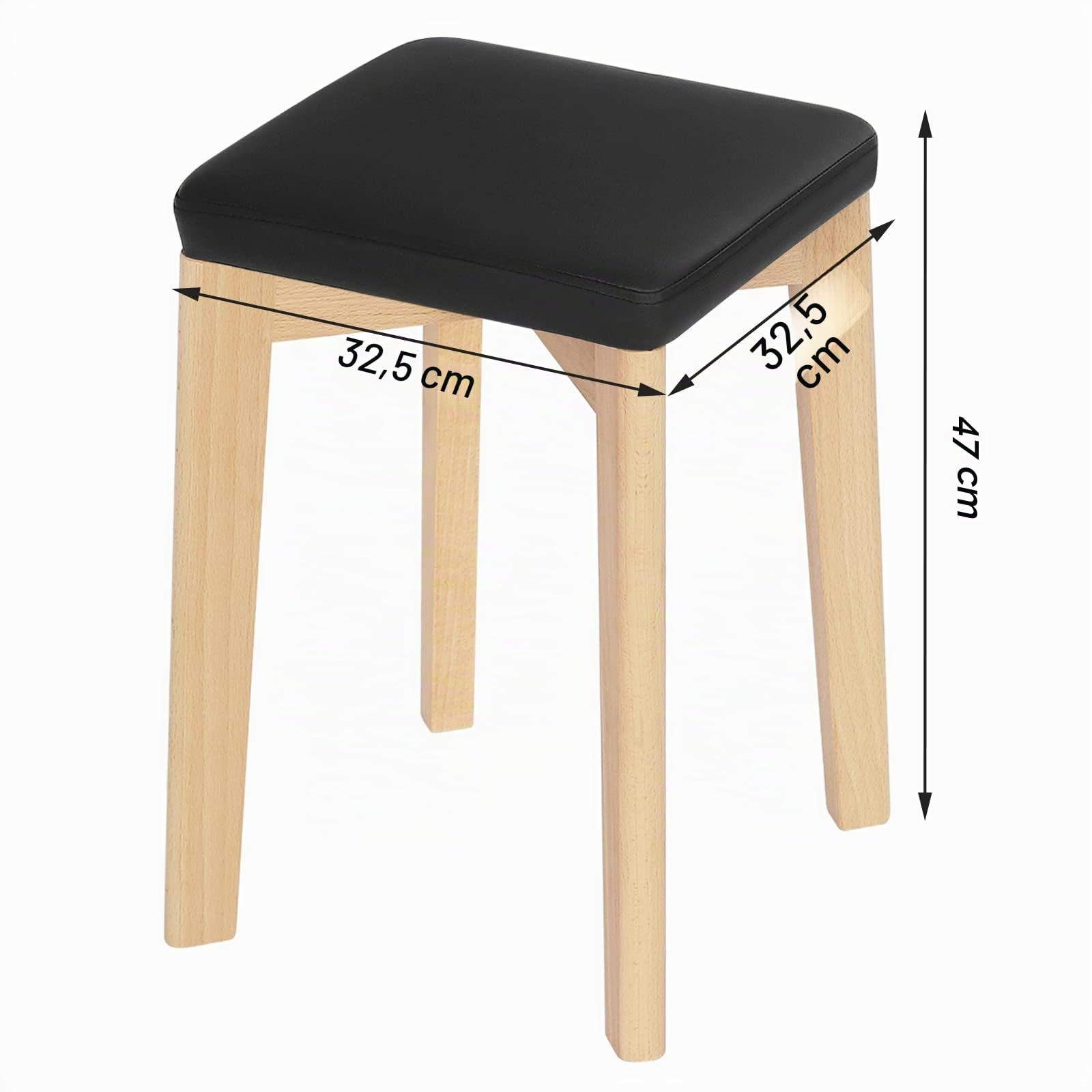 WOLTU Sedie per Sala da Pranzo, Sgabelli in Legno Massiccio con Seduta Imbottita e Rivestita in PU, Sgabelli da Cucina Moderno Salvaspazio, 32,5x32,5x47cm, Colore Legno e Nero
