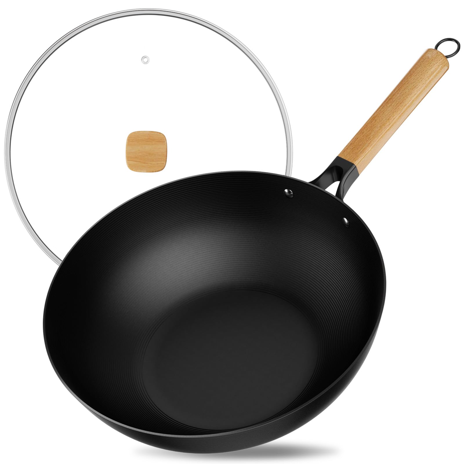 Jobin 30cm Wok Antihaft mit Deckel, Wokpfanne Induktion Ohne Chemische Beschichtung und Großes Fassungsvermögen für 3-5 Personen, Flacher Boden, Geeignet für Induktion, Elektro- und Gasherde