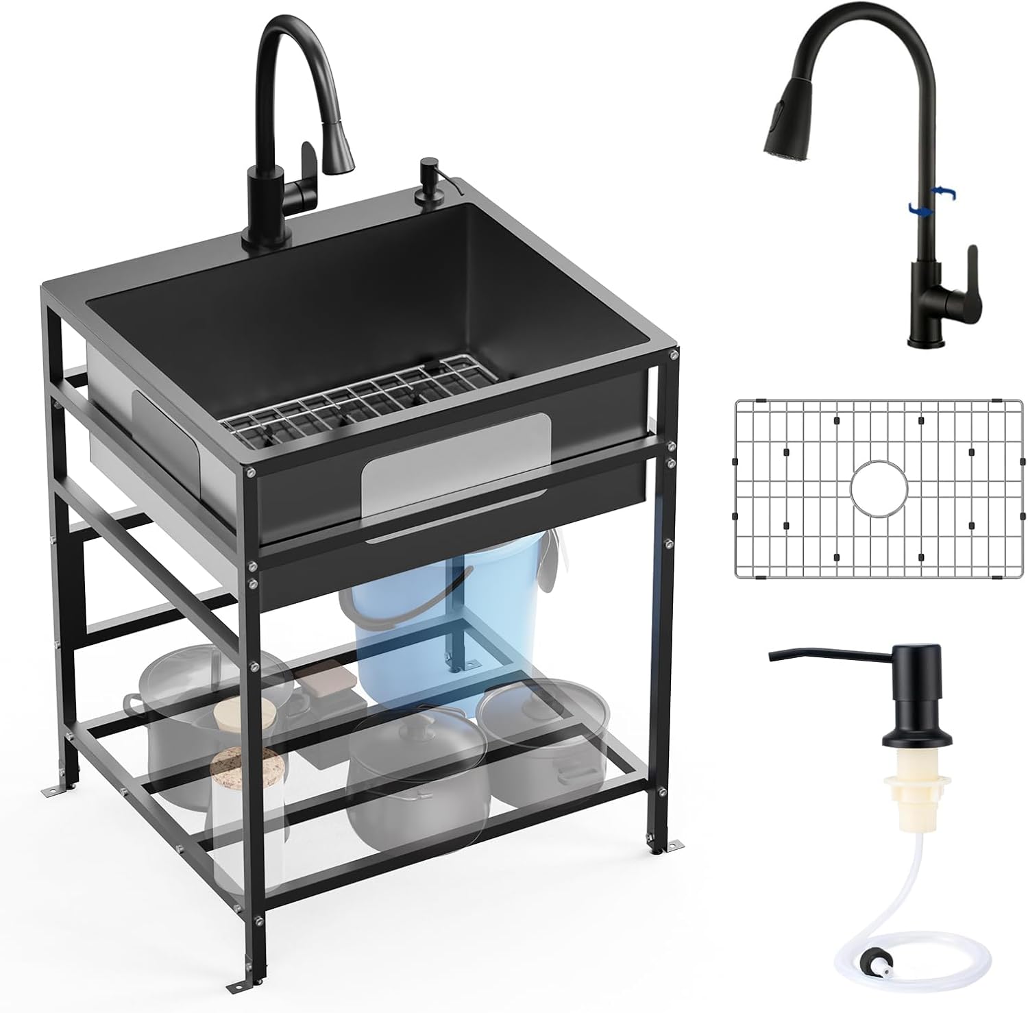 Utility Sink, 25x18 Inch Stainless Steel Freestanding Laundry Sink Practicality With Accessories-Kitchen Faucet,Soap Dispenser, SS Sink Grid, Colander For Laundry,Garage,Outdoor Kitchen,Garden...