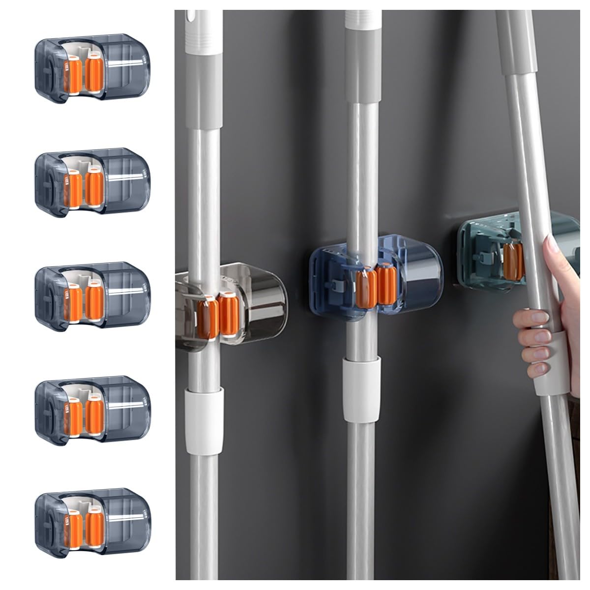 Wall Mounted Mop Organizer Holder, Brush Mop Hanger Storage Rack, Kitchen Tool Organizer Holder,Heavy Duty Hooks Self Adhesive Solid Non-Slip for Home Kitchen Garden Laundry Garage(Set of 5). (Blue)