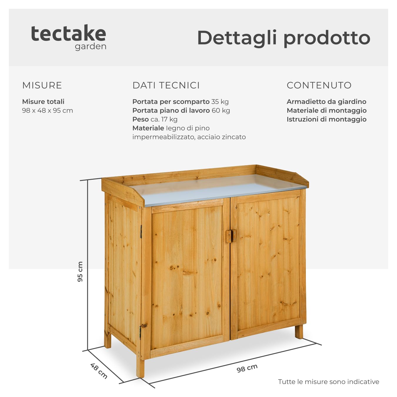 Tectake Armadietto da Giardino con Piano Lavoro Zincato 98x48x95 cm Spazio Utensili Accessori Barbecue Tavolino Giardinaggio Mobile Giardino