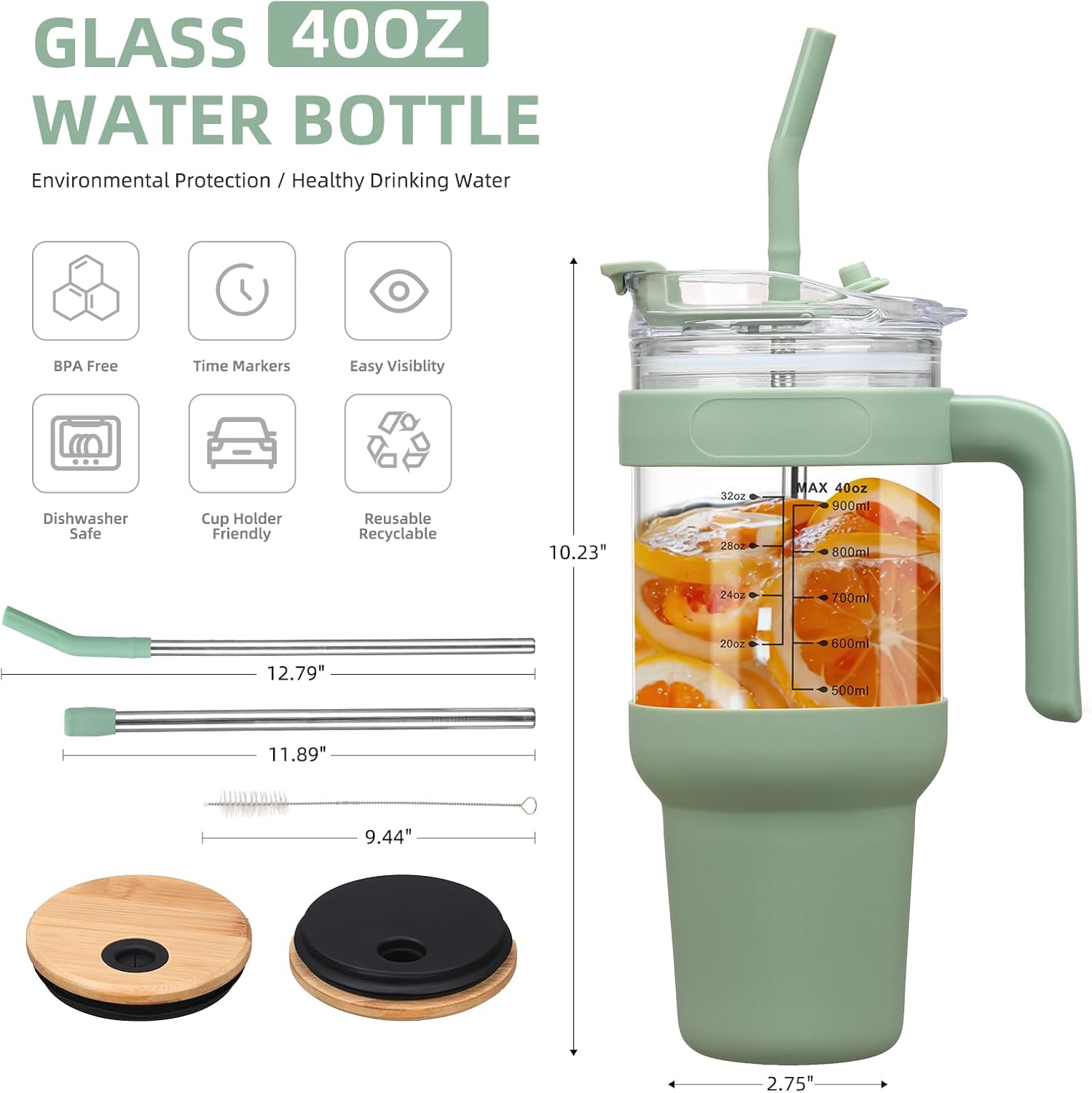 40 oz Glass Tumbler with 2 Lids - Bamboo Straw Lid & 2-in-1 Sip and Flip Straw Lid, Iced Coffee Cup with Handle, Glass Water Bottle with Silicone Sleeve, BPA Free - 1 Pack - Image 4