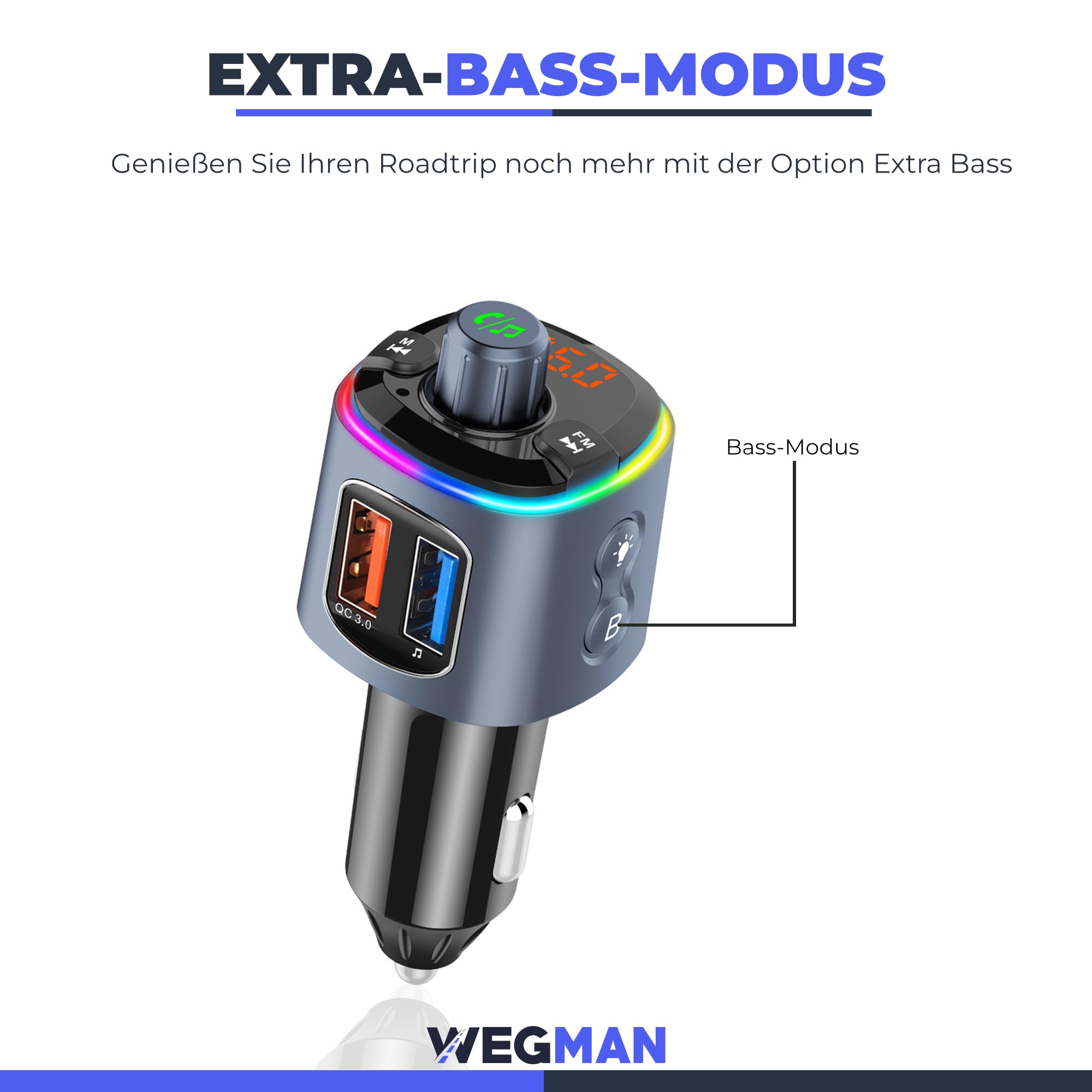 Wegman FM Transmitter Auto Bluetooth, Adapter für Autoradio, Zigarettenanzünder USB C 30W Autoladegerät, Freisprechanlage, Musik über Bluetooth & USB Stick