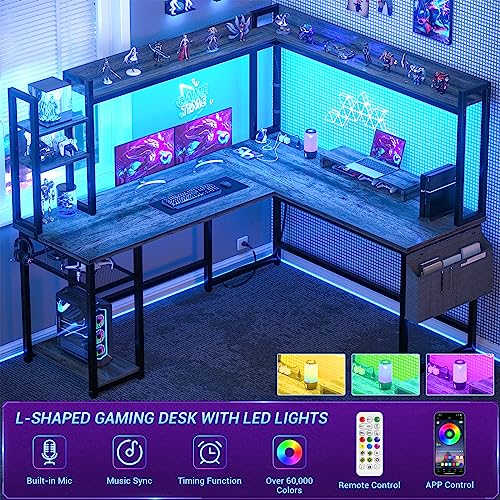 Aheaplus L-Shaped Gaming Desk with Power Outlet and LED Lights – Black Oak