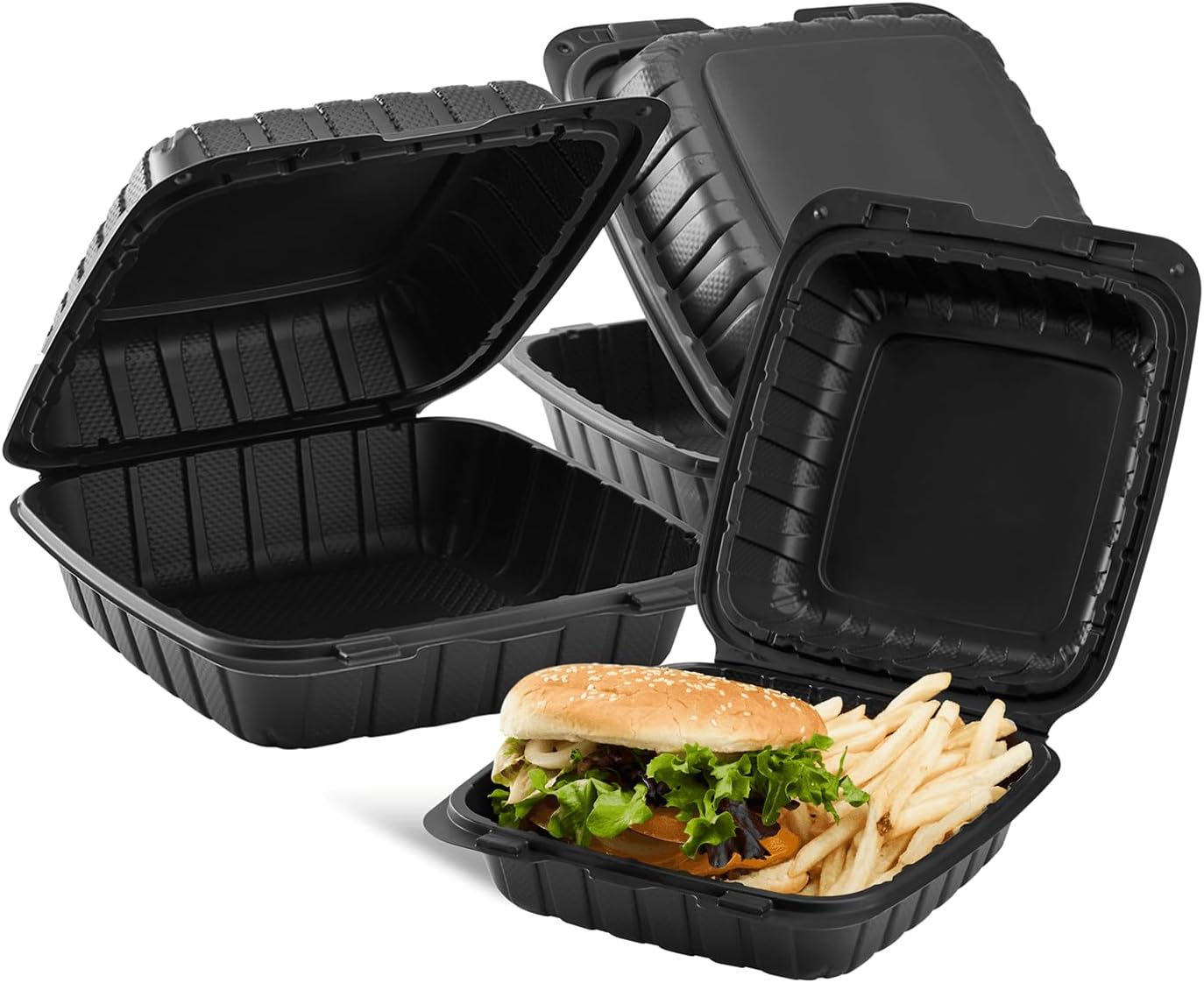 KARAT EARTH Clamshell Take Out Food Containers [8"x8" - 200 ct] To Go Containers | Microwavable, Freezer Safe, Soak-Resistant, Durable, Stackable | Vented for Hot/Cold Foods, Black