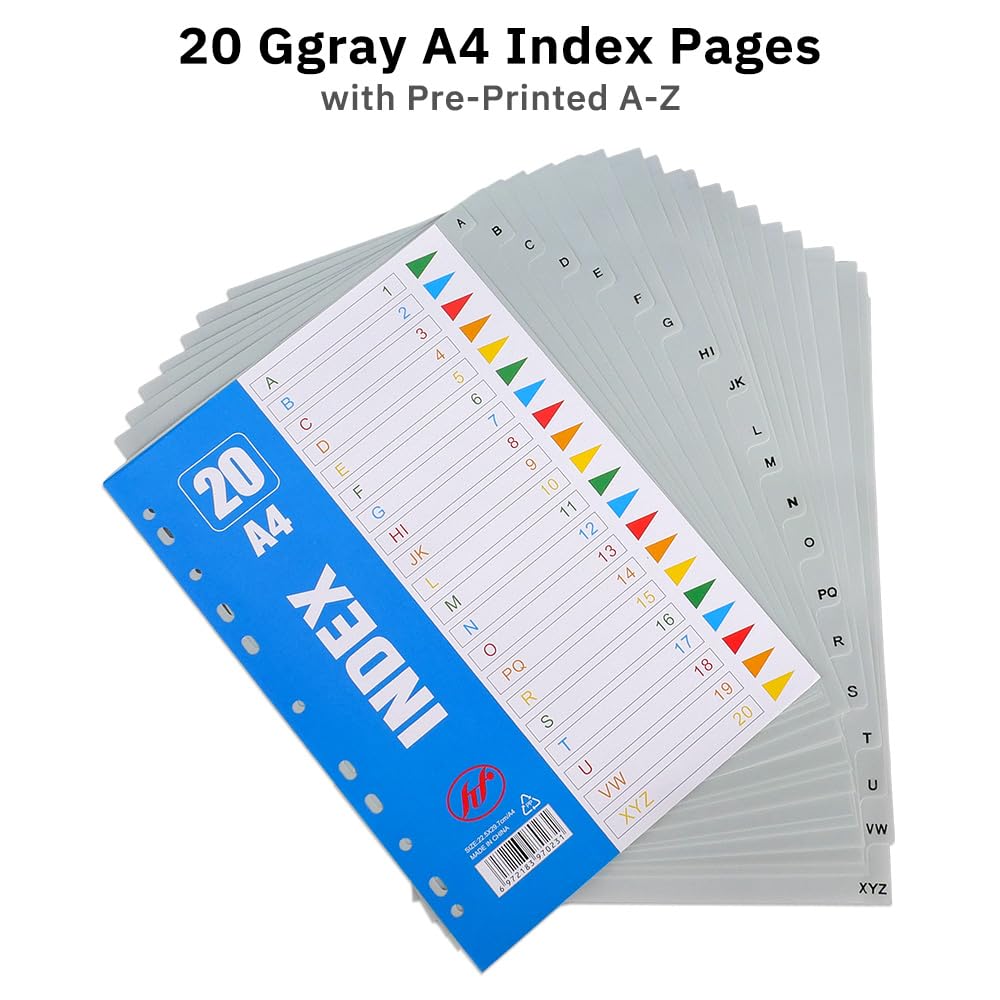 Divisori Raccoglitori Ad Anelli A4 100 Fogli/5 Set con 11 Fori Tacche Alfabetiche A-Z Grigie