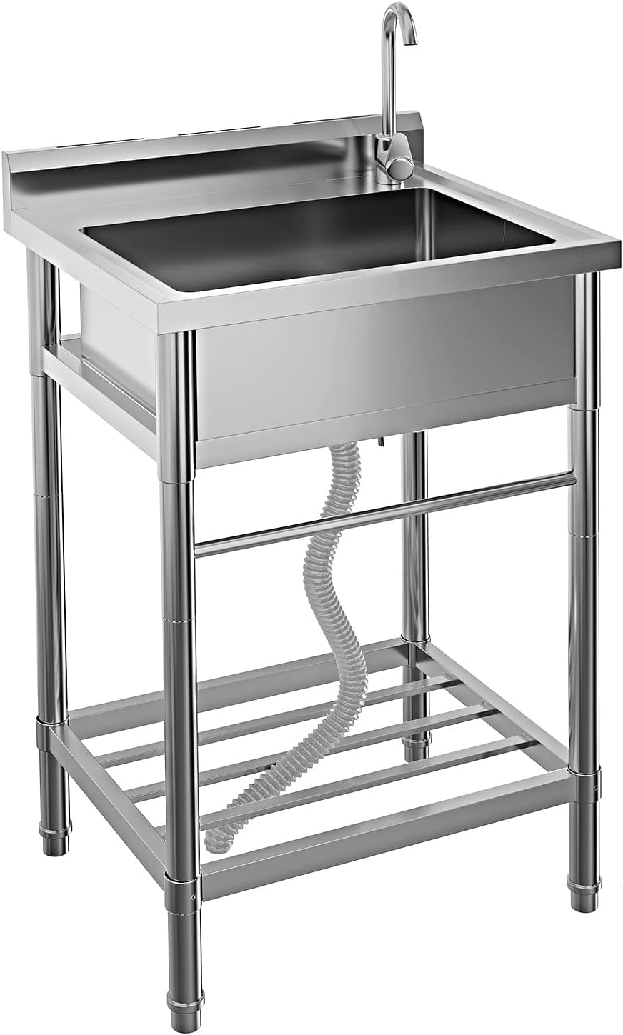 24 Inch Stainless Steel Utility Sink, Free Standing Single Bowl Commercial Sink with Faucet, Cold & Hot Water Pipe, Storage Shelf and Drain Kit, for Kitchen, Bathroom, Laundry Room, Garage