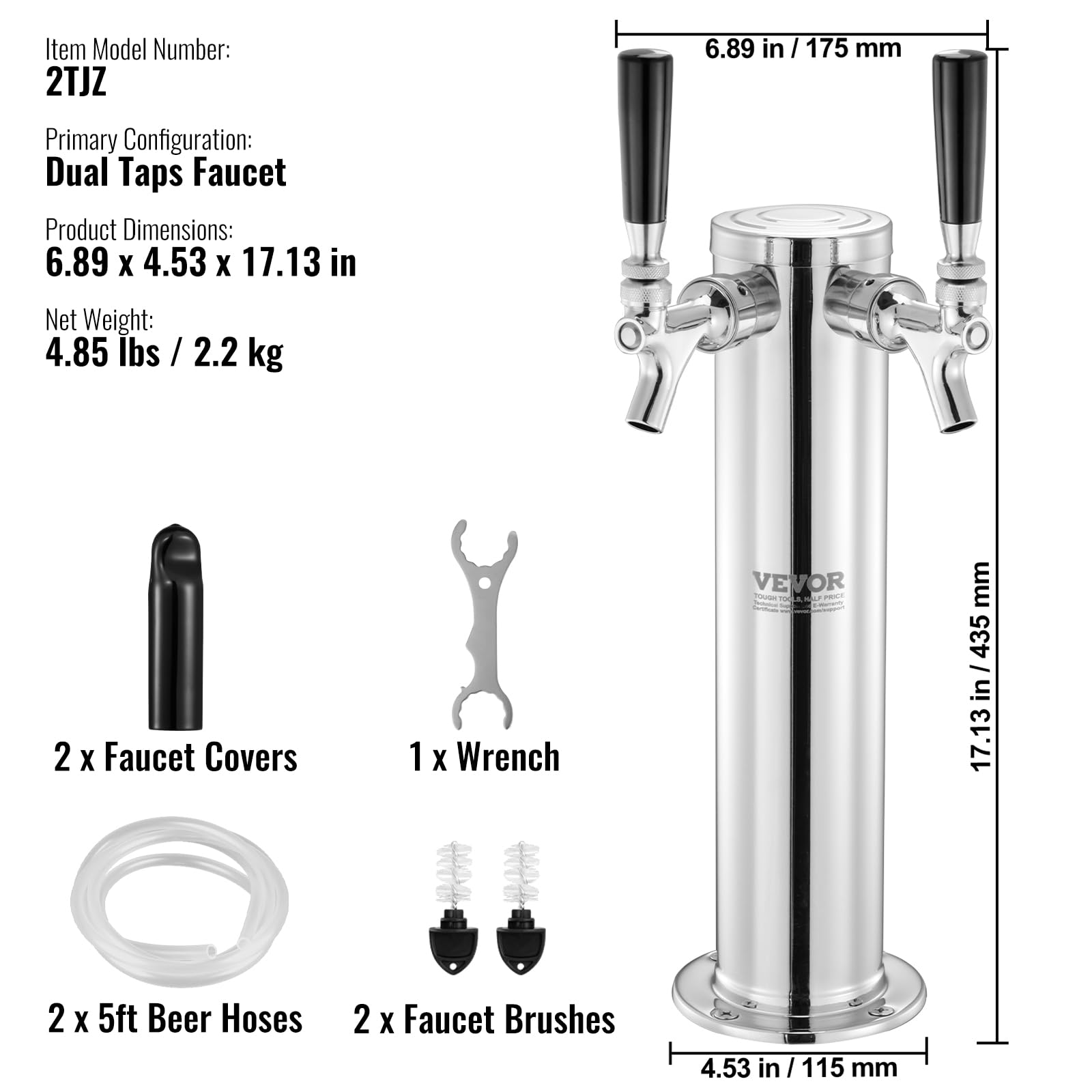 VEVOR Kit Colonne à Bière Pression à Double Robinet, Distributeur de Bière en Acier Inoxydable, Tireuse à Bière avec Tubes PRÉ-assemblés