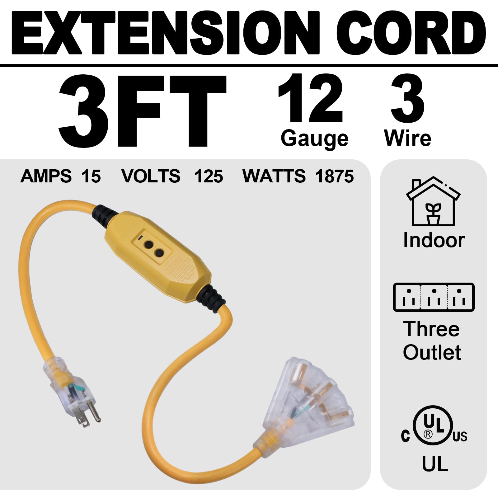 Cavo di prolunga illuminato GFCI per esterni da 3 piedi con 3 prese, 15 amp 12/3 SJTW cavo di prolunga giallo resistente con spina di terra a 3 punte per maggiore