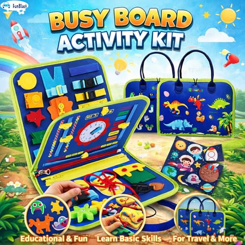 Image of FunBlast 12 in 1 Toddler Busy Binder & Busy Book for Toddlers 1-3 Years - Montessori Busy Board & Activity Book for Kids 2-4 - Educational Busy Book for Learning (Dinosaur)