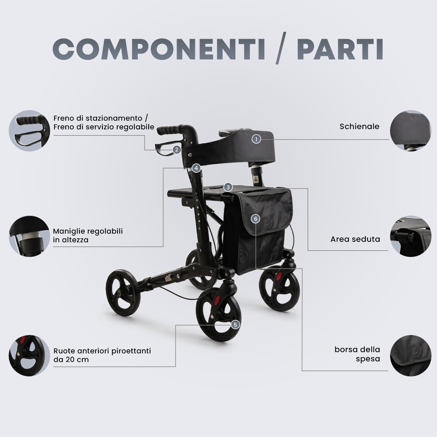 Deambulatore pieghevole leggero con sedile, borsa portaoggetti e freni,Ausilio per la mobilità a 4 ruote per anziani e disabili Telaio per deambulazione regolabile in altezza con maniglie comode Nero
