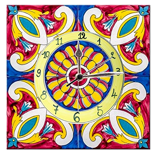 Napolamp Orologio piastrella in Ceramica da Parete con Stampa Decoro Vietrese 6 Adatto per Ogni Ambiente della casa dell'ufficio e dello Studio cm 30x0.5x30