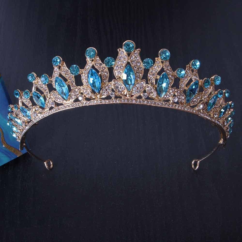 Baroque Gold Color Blue Diadem Rhinestone Crystal Tiaras Bride Headdress KMVEXO Baroque Luxury Big Crystal Bridal Tiaras Crown  main image 3