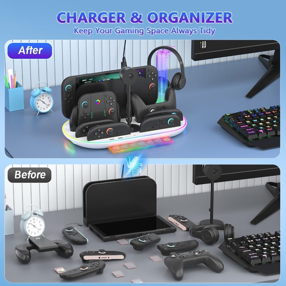Ladestation für Nintendo Switches 2 Konsole mit integriertem Lüfter, 7 Kartenspeicher, Controller-Organizer, Dock, 9 RGB-Lichtmodi, ABS-Material, Gaming-Zubehör, Ständer (weiß)
