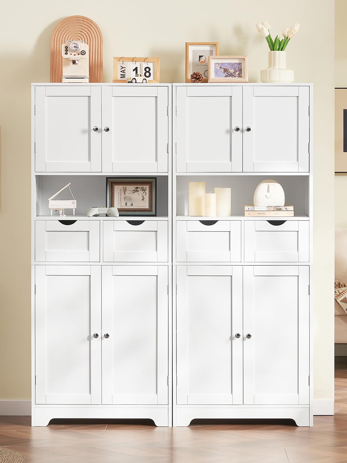 TEENFON Meuble de Salle de Bain avec 4 Portes, Armoire de Rangement Colonne avec 2 Étagères Réglables et 2 Tiroirs, 60x30x147 cm, Blanc