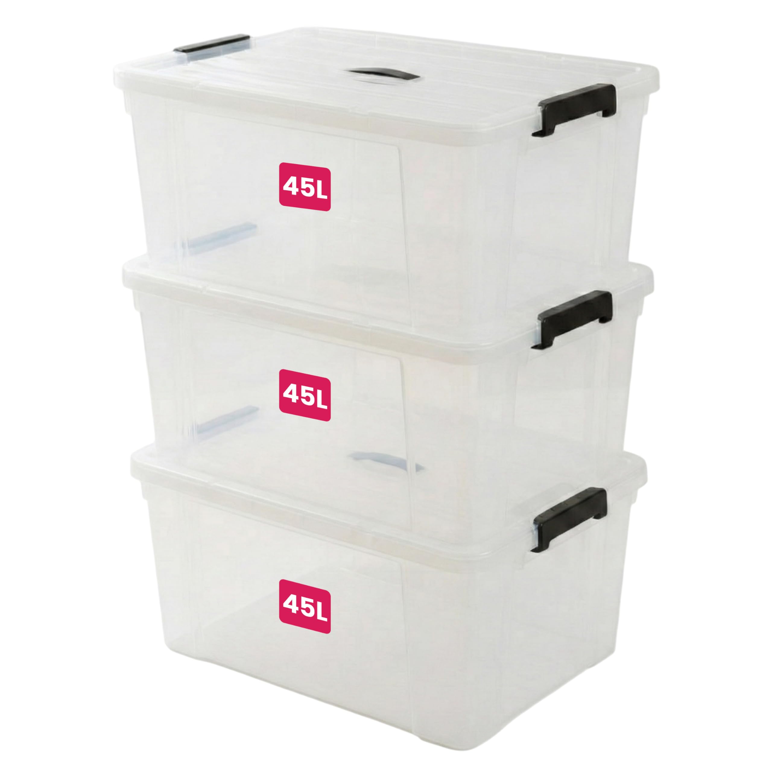 STL Clear Plastic Storage Boxes with Lids, Heavy-Duty Durable Stackable Plastic Storage Containers, Underbed Storage Boxes, Secure Clip-Lock Lid for Home, Office, Kitchen, Toys (3, 45ltr)