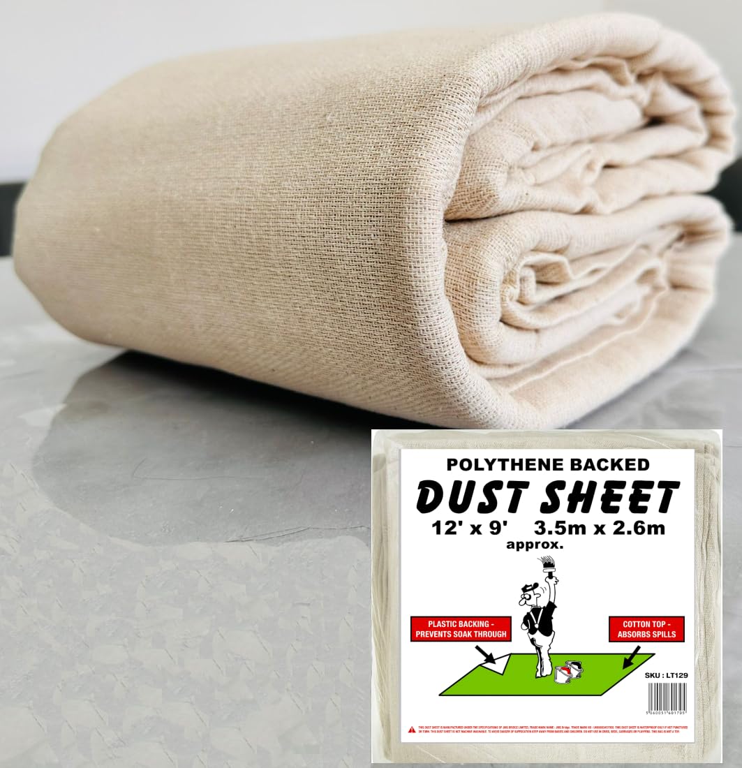 Jms Bridge Beige Laminated Cotton Dust Sheets For Decorating & Painting – 12Ft X 9Ft Paint Cover Sheets With Plastic Polythene Backing, Drop Cloth For Painting, Furniture, Floors, And Staircases.