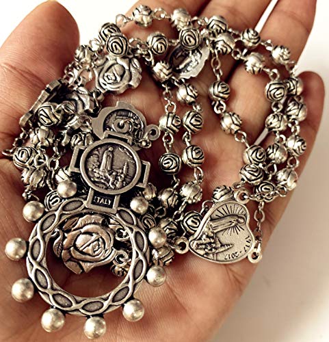 elegantmedical HANDMADE vintage silver rose beads Catholic OUR LADY OF FATIMA Rosary Necklace Cross Gift Box Italy crucifix2