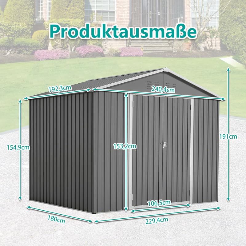 Metalowa szopa na narzędzia 8 m³, szopa ogrodowa z drzwiami składanymi, szopą na narzędzia, drzwiami przesuwnymi i fundamentem, 229 x 180 x 191 cm, ocynkowana blacha stalowa, szara