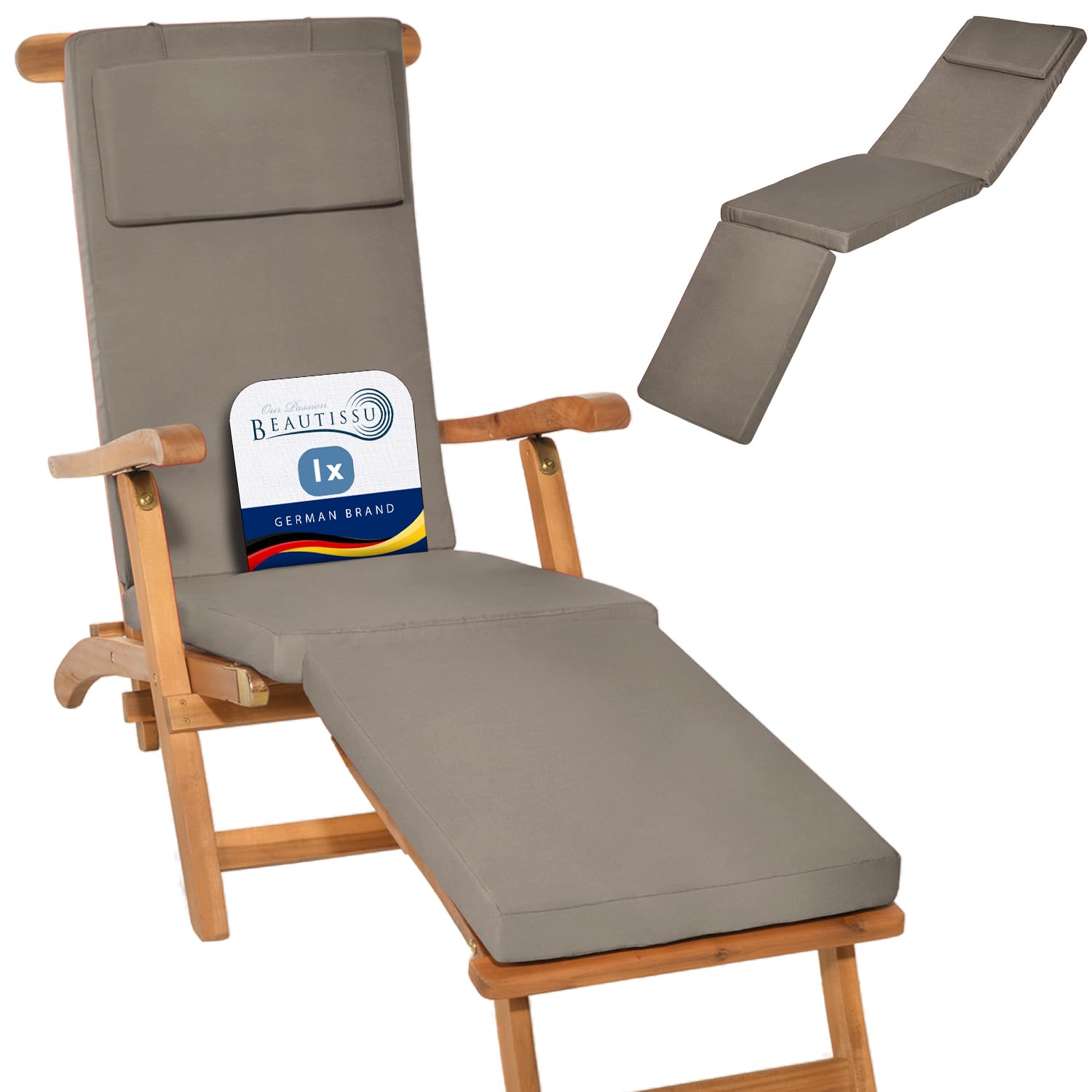 Beautissu Taupe Deck Chair Sun Lounger Cushion Pad 175X45x5 Cm Loftlux Dc – Comfortable Garden Recliner Cushion Steamer Sunbed Sunlounger Chair – Removable Washable Cover