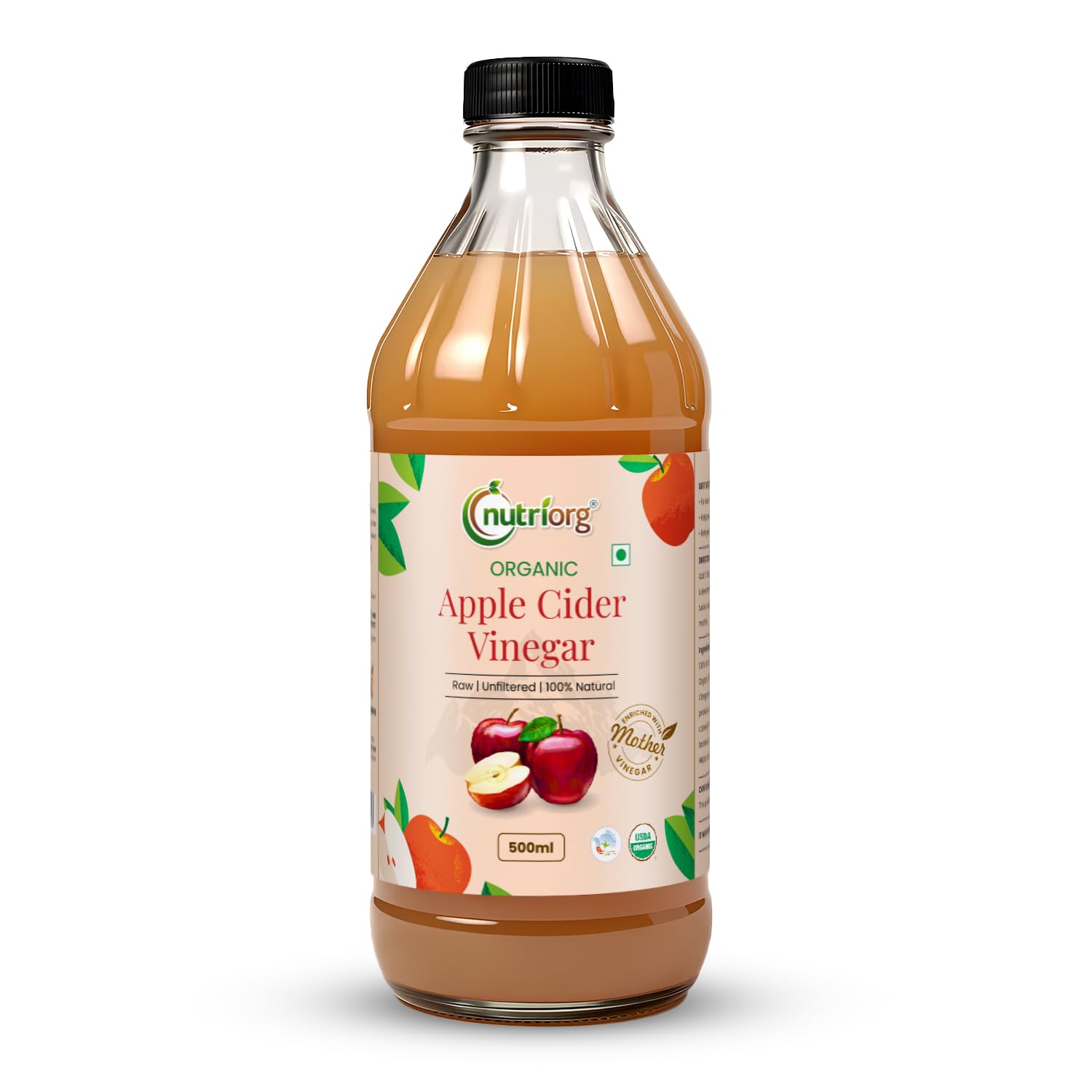 Nutriorg Organic Apple Cider Vinegar with Mother of Vinegar |100% Pure| USDA Organic Certified |Raw, Unfiltered and Unpasteurized|Helps Weight loss & Boost Immunity - 500 ml