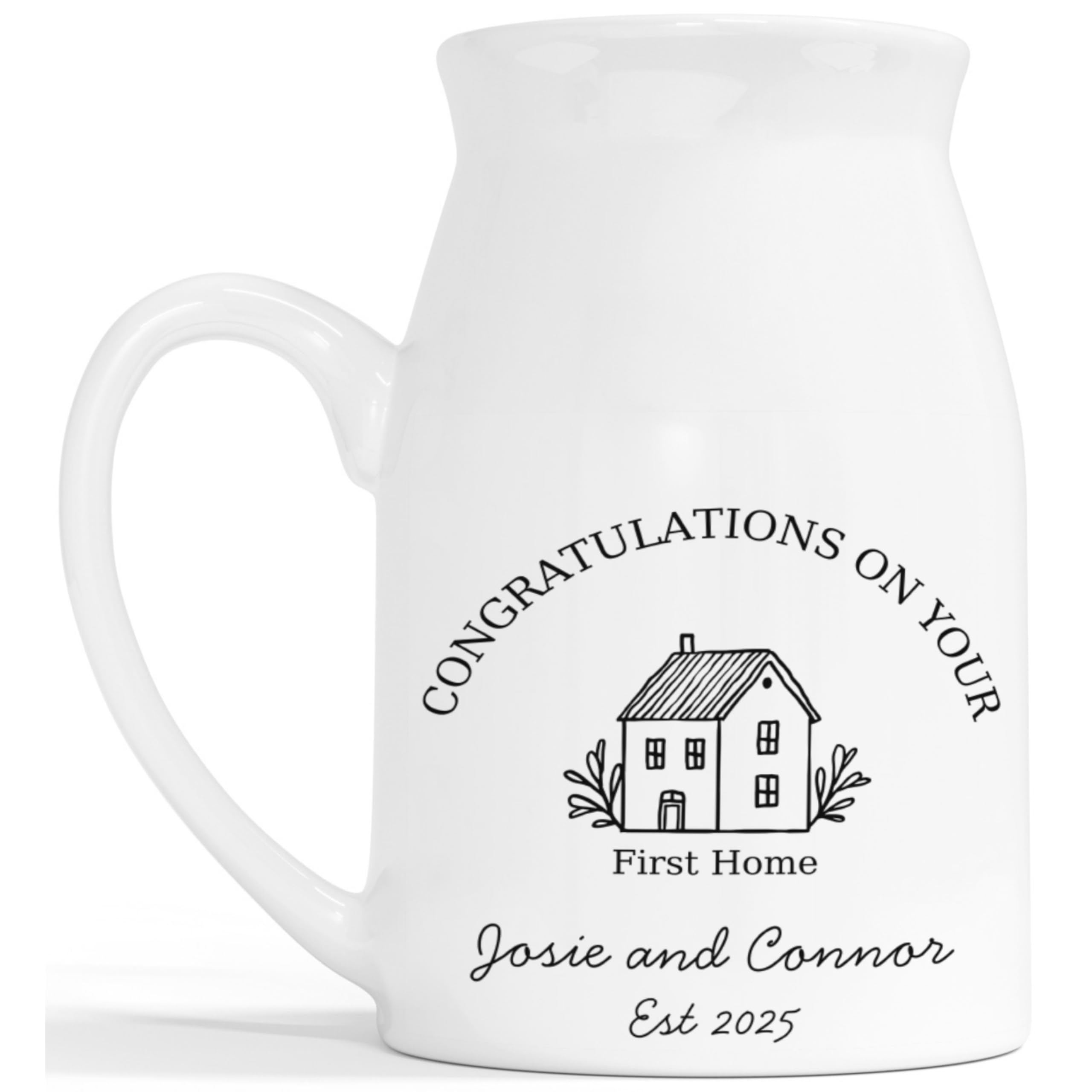 Personalised New House Flower Vase Jug - Hand Drawn First Home Gift flower holder Pot - Housewarming Moving In Holiday Retirment Second Couple Friend Daughter Son - White Ceramic Holds 450ml