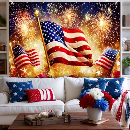 Image of BlissYard 4th of July Backdrop American Flag Fireworks Patriotic Party Decorations 8x6ft for Memorial Day Veterans Day Independence Day Party Photo Booth Red White Blue Stars Stripes