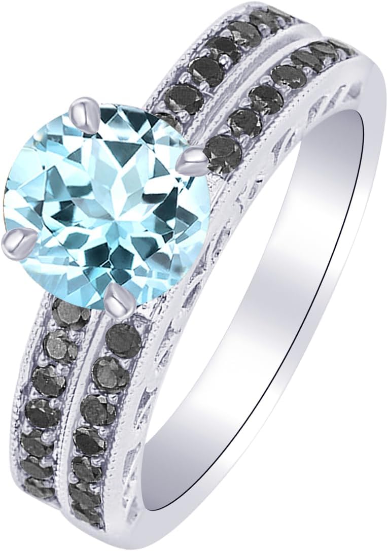 Houston Diamond District 1.02 Carat Pave Set Black Diamond Engagement Ring and Wedding Band Set w/a 0.75 Carat Round Cut Blue Aquamarine Heirloom Quality