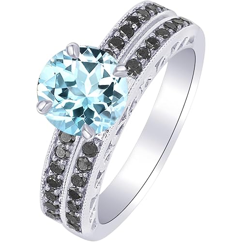 Houston Diamond District 1.02 Carat Pave Set Black Diamond Engagement Ring and Wedding Band Set w/a 0.75 Carat Round Cut Blue Aquamarine Heirloom Quality