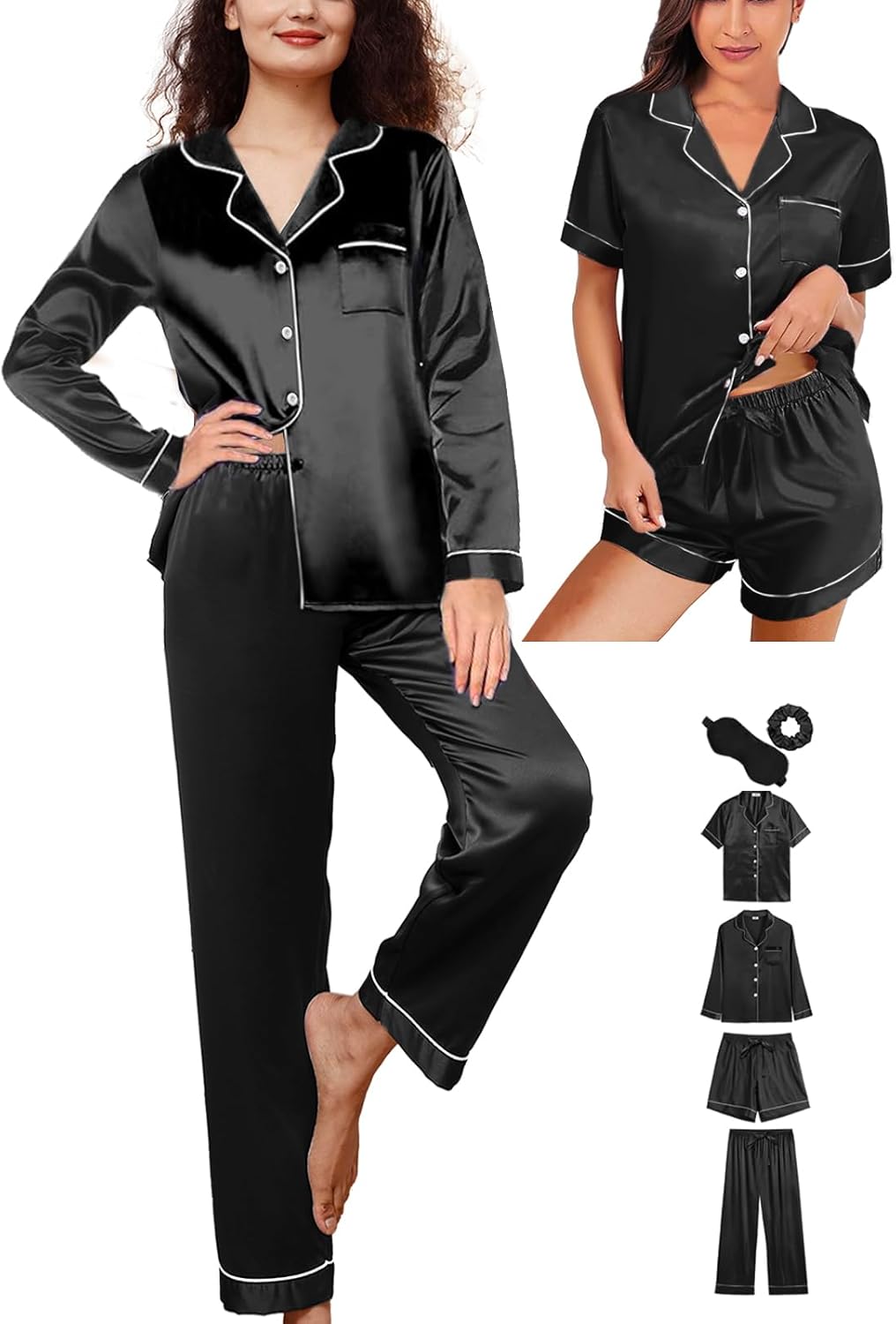 6Pcs Womens Silk Satin Pajamas Set XS-XXL Pajama Sets Pjs Set Button Down Pj Sets Sleepwear Loungewear - Image 6