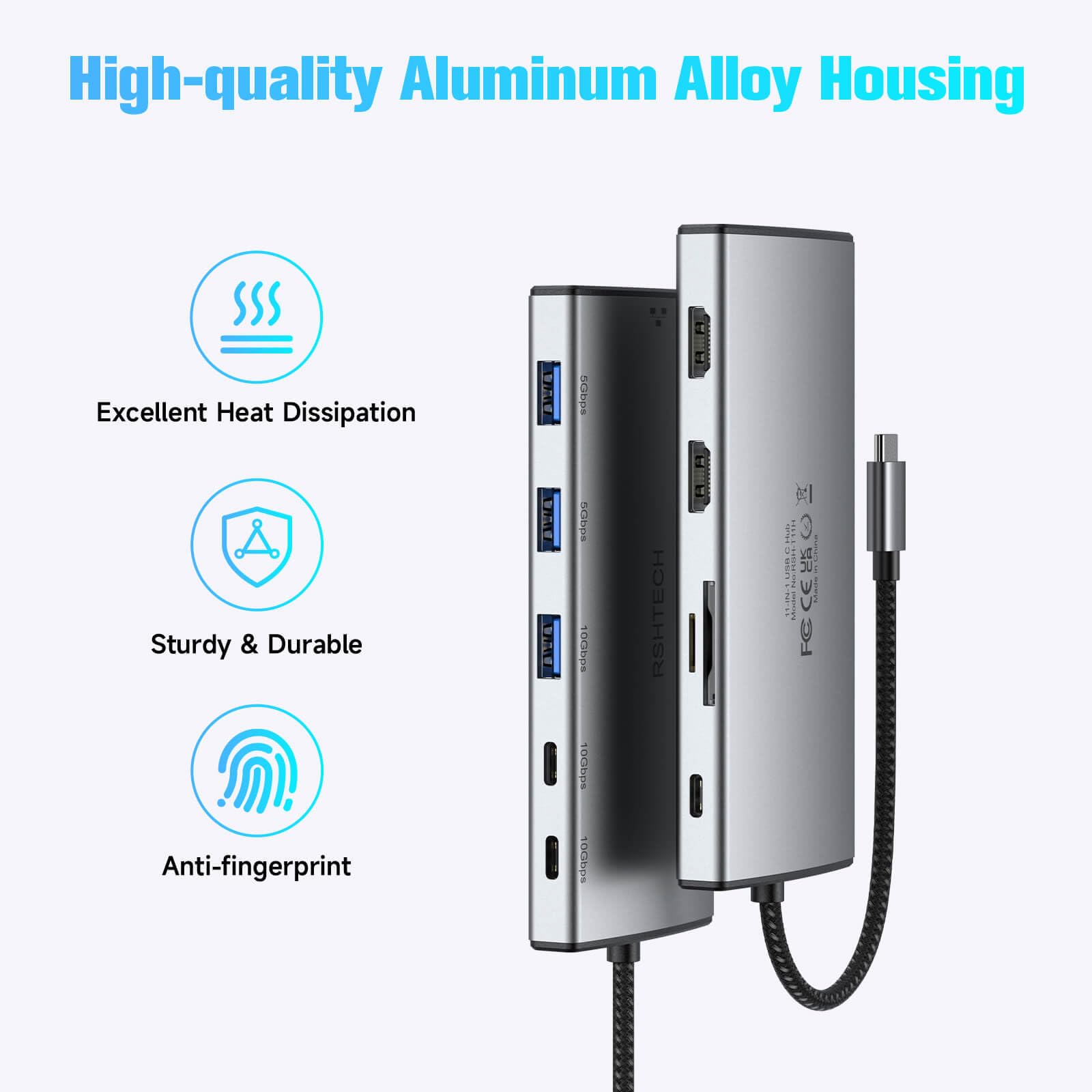 RSHTECH - Estación de acoplamiento USB C, doble monitor, adaptador multipuerto USB C 11 en 1 con 2 HDMI 4K/8K, 3 puertos USB 3.2 de 10 Gbps (2C + 1A), 2 puertos USB 3.0, 100 W PD, Gigabit Ethernet